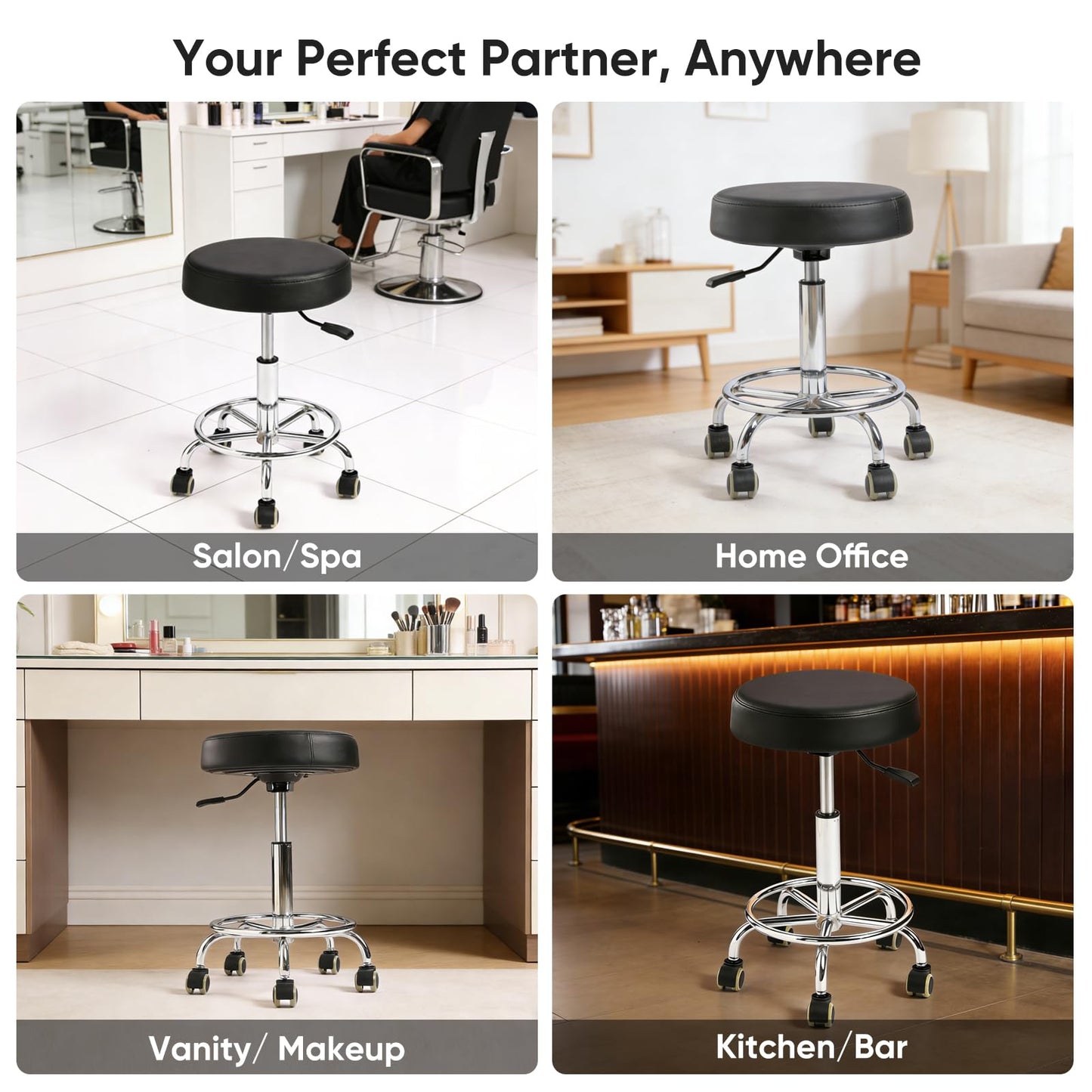 Ailyful Adjustable Rolling Stool with Wheels & Footrest, 485lb Capacity Drafting Stool Chair, Swivel Salon Spa Tattoo Medical Office Chair, Black