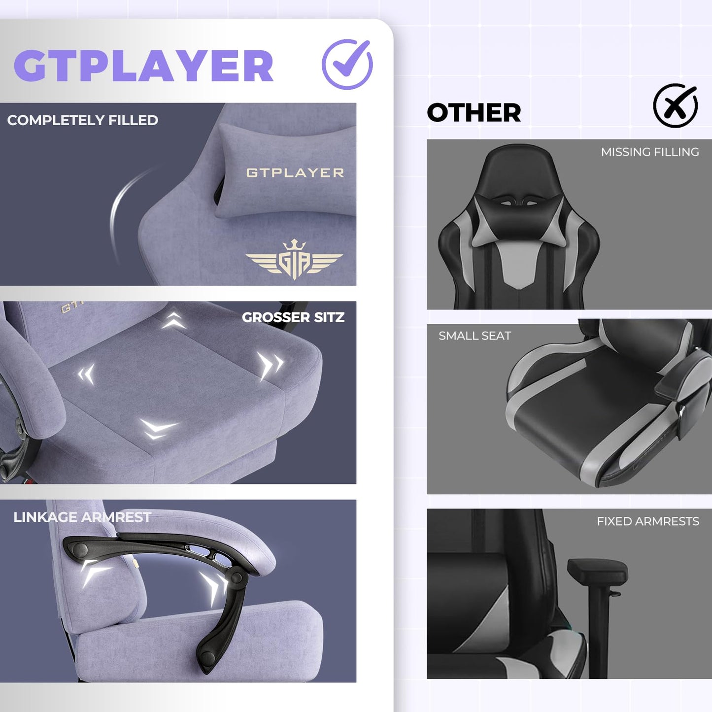 GTPLAYER Big and Tall Gaming Chair 400lbs Heavy Duty Office Chair with Foot Rest, High Back Pocket Spring Ergonomic Computer Chair for Adults, Wide Seated Cushion with Linkage Armrests, Macaron Purple
