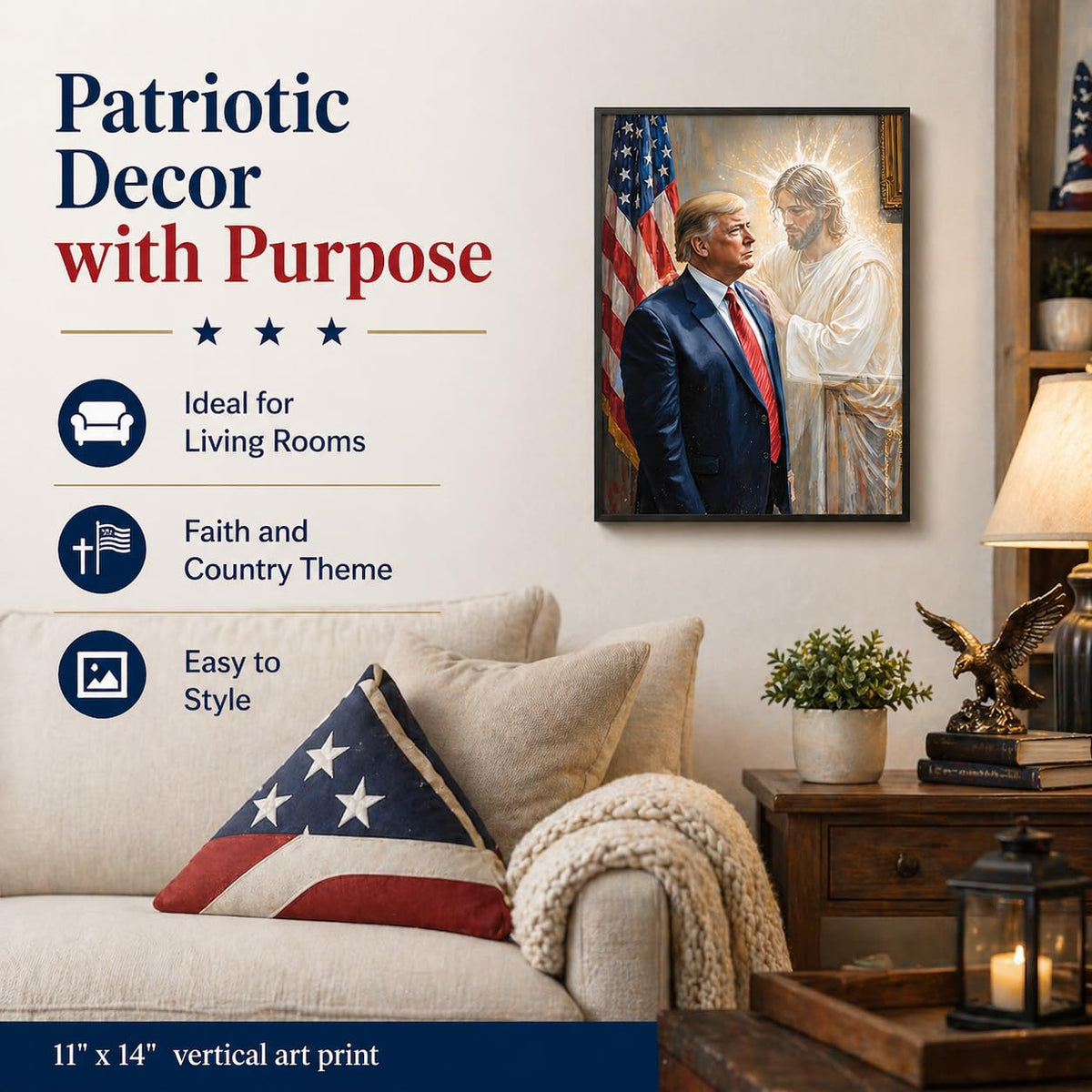 The Grace of God: Jesus & Trump Inspirational Painting 11x14 Unframed Poster - Religious Art Faith Leadership MAGA American Flag Patriotic Artwork for Home Office, Living Room, Conservative Christians