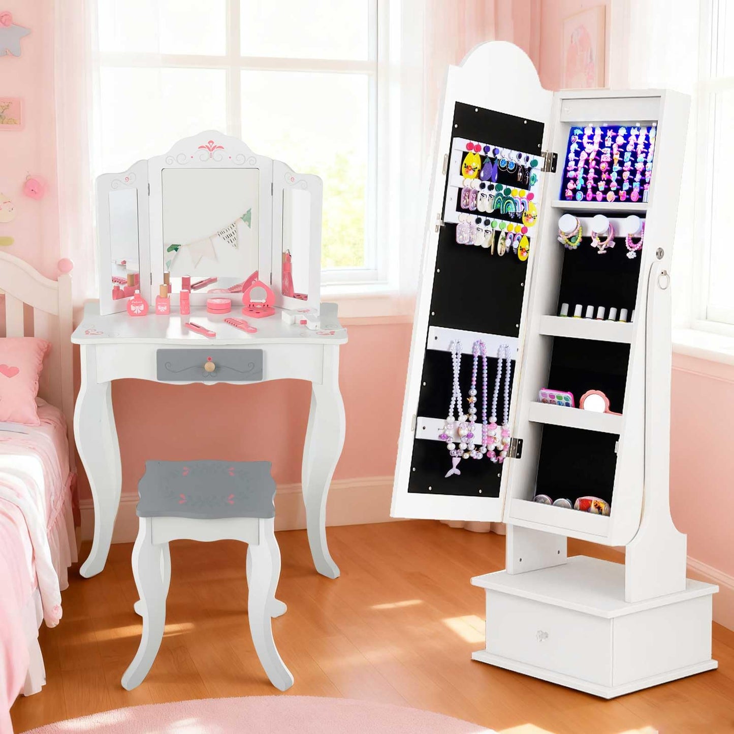 INFANS Kids Jewelry Armoire Cabinet with LED Lights, Lockable Standing Organizer with Full-length Mirror, Unicorn Theme Children Vanity Dress Up Storage Rack for Girls