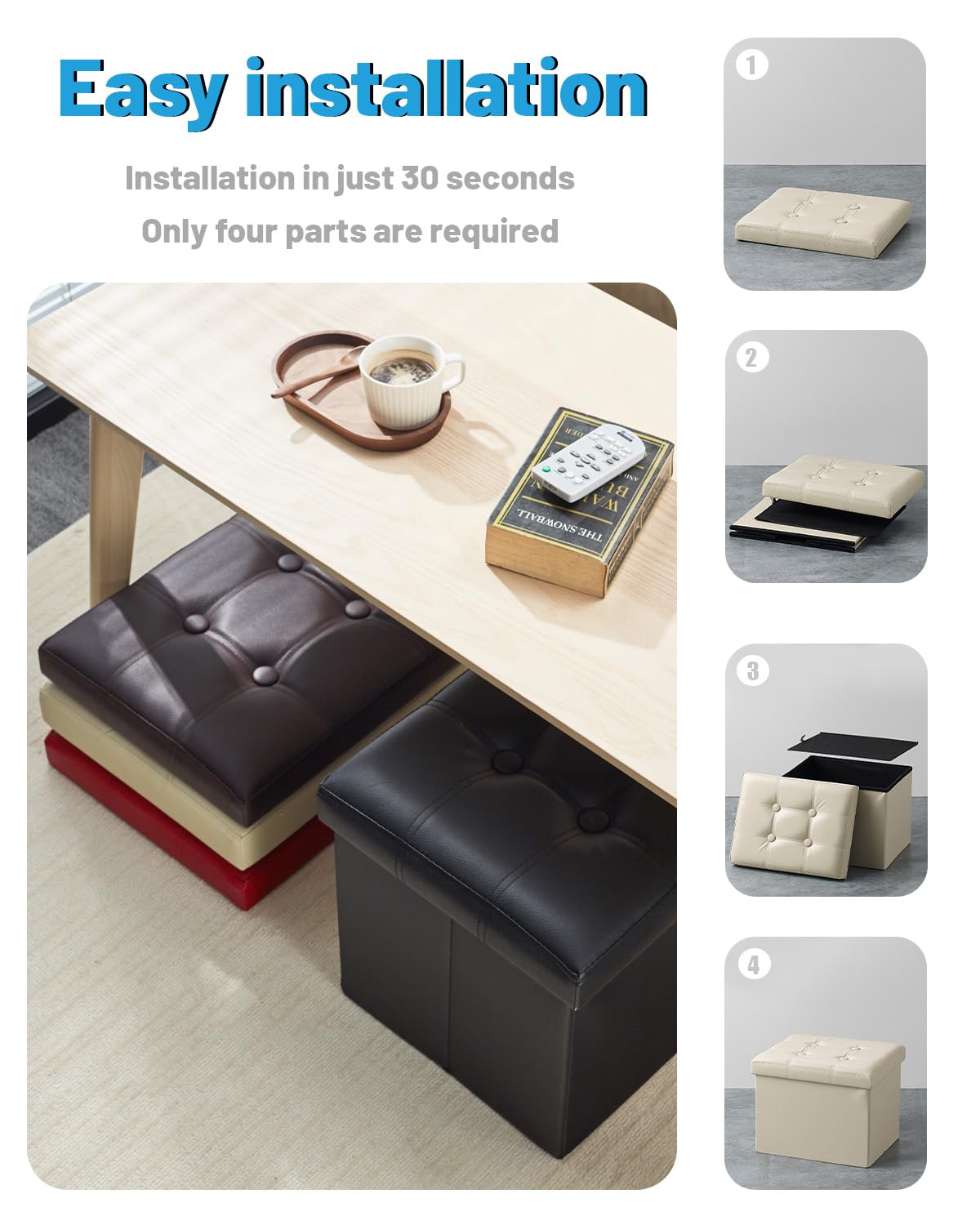 AmasSmile Storage Ottoman Folding Foot Rest Stool, Leather Footstool Bench, Short Ottoman Stool, Storage Foot Rest Store, Books (Beige-2pc, 17" D x 13" W x 13" H)