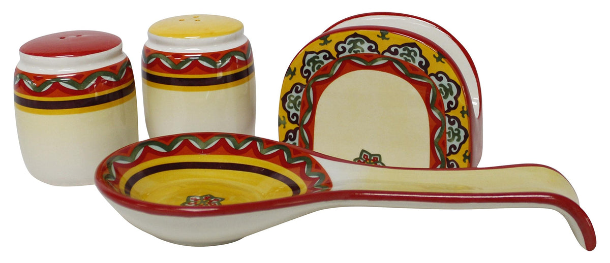 Euro Ceramica Galicia Spanish Dinnerware and Serveware Collection, 4-Piece Tableware Necessities Set, Salt and Pepper Shaker, Spoon Rest, Napkin Holder, Multicolor
