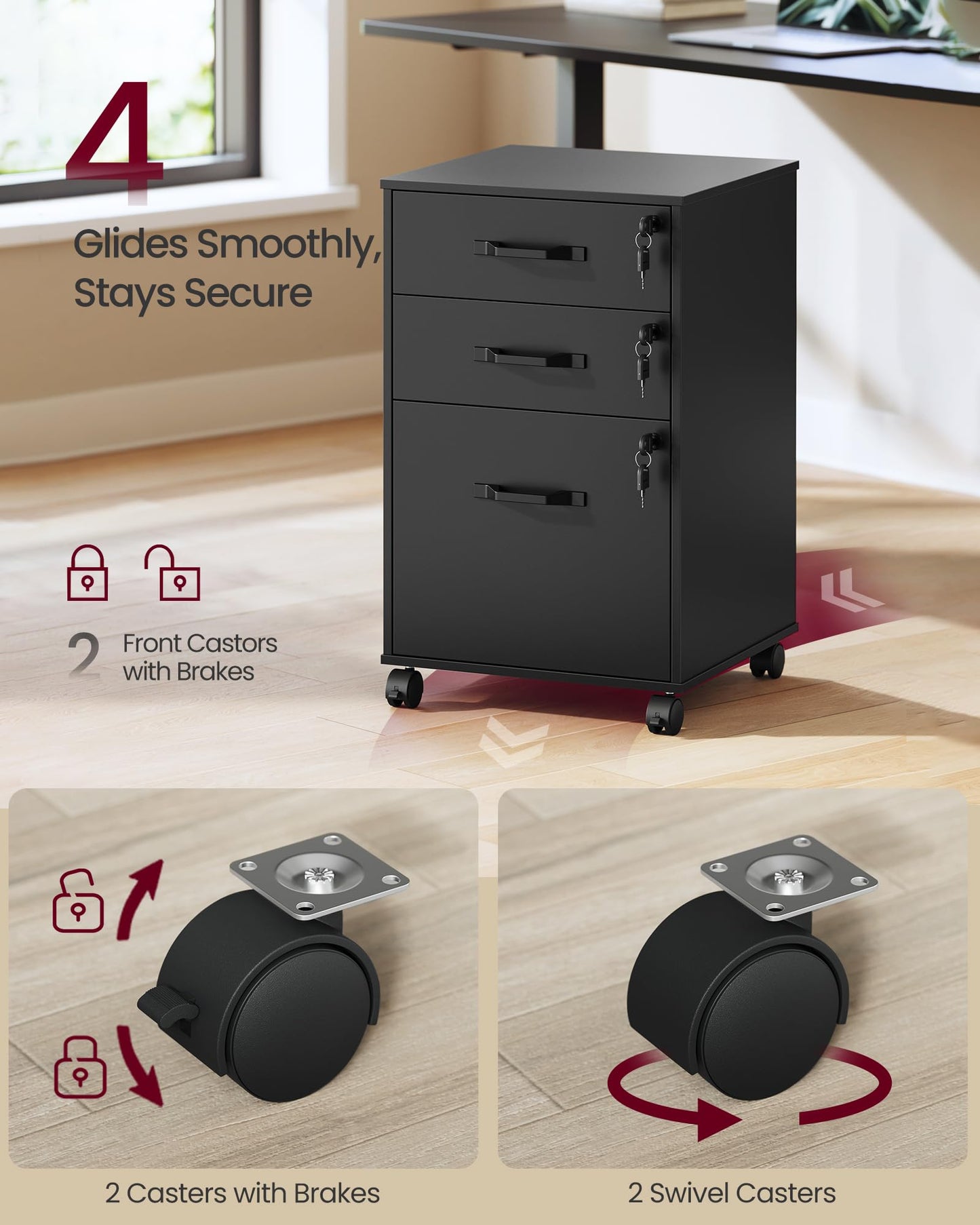VASAGLE Custos Collection - Mobile File Cabinet, 3 Drawers Filing Cabinet with Wheels, for Home Office, for A4, Letter Sized Documents, File Folders, Lockable, Ink Black UOFC084BC01S