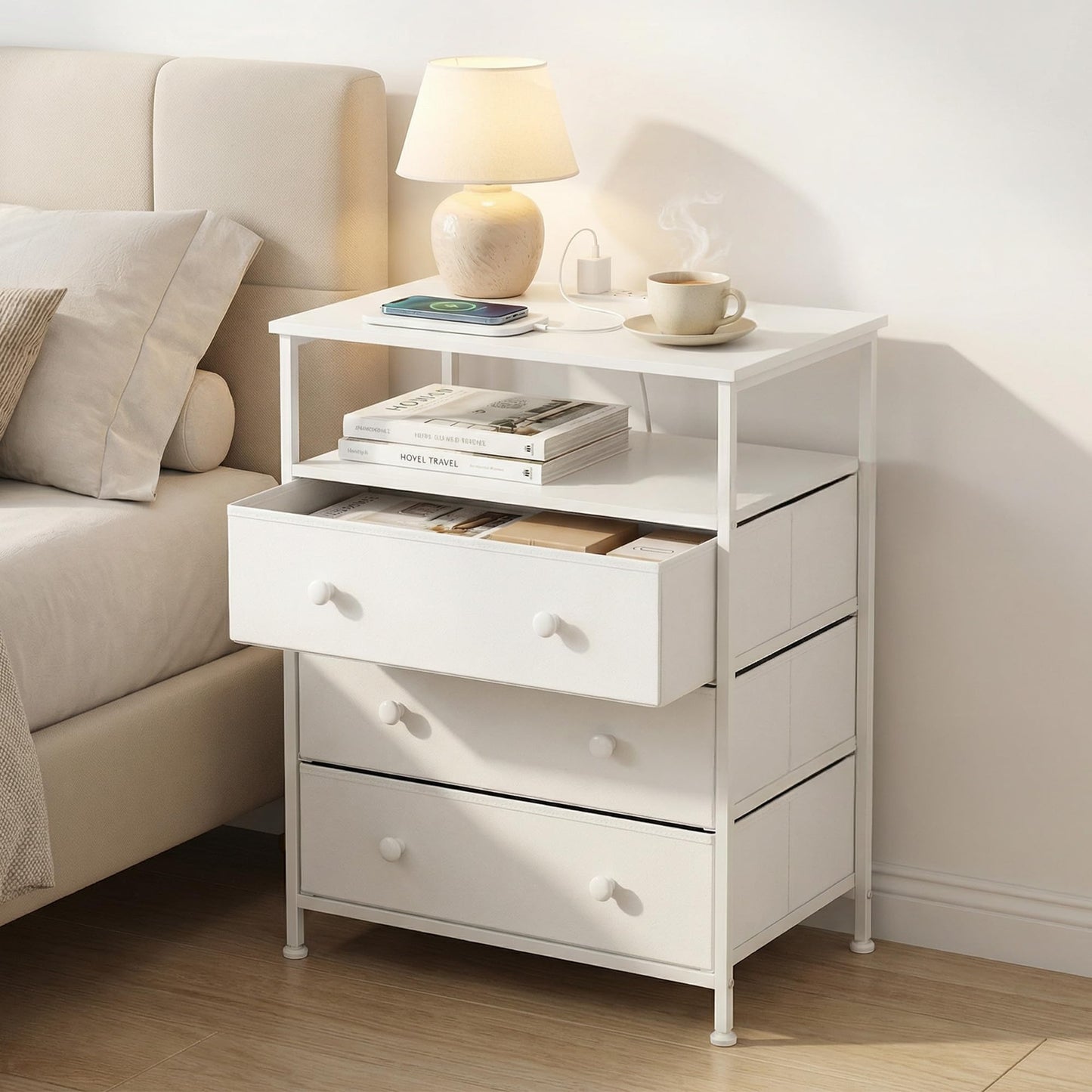 PATAVOT 3 Drawers Dresser with Charging Station, 24 Inch Wide LED Night Stand with Adjustable Fabric Drawer, Nightstand with Storage Shelf for Living Room/Bedroom/Office, White.
