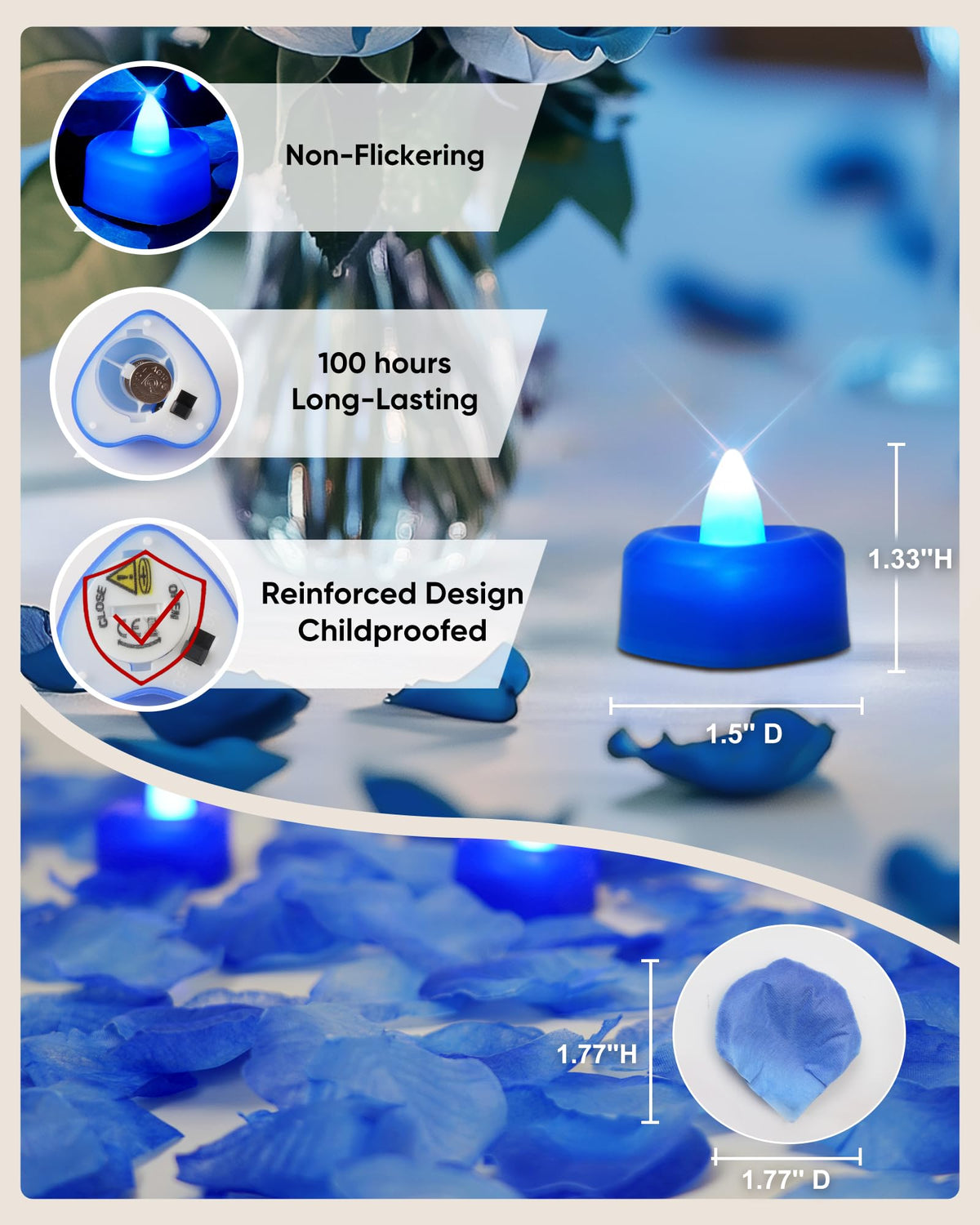 Amagic 4000 Pieces Blue Artificial Rose Petals with 50 Blue Heart LED Tea Lights, Rose Petals and Candles Set for Proposal, Anniversary, Romantic Night, Wedding Decor