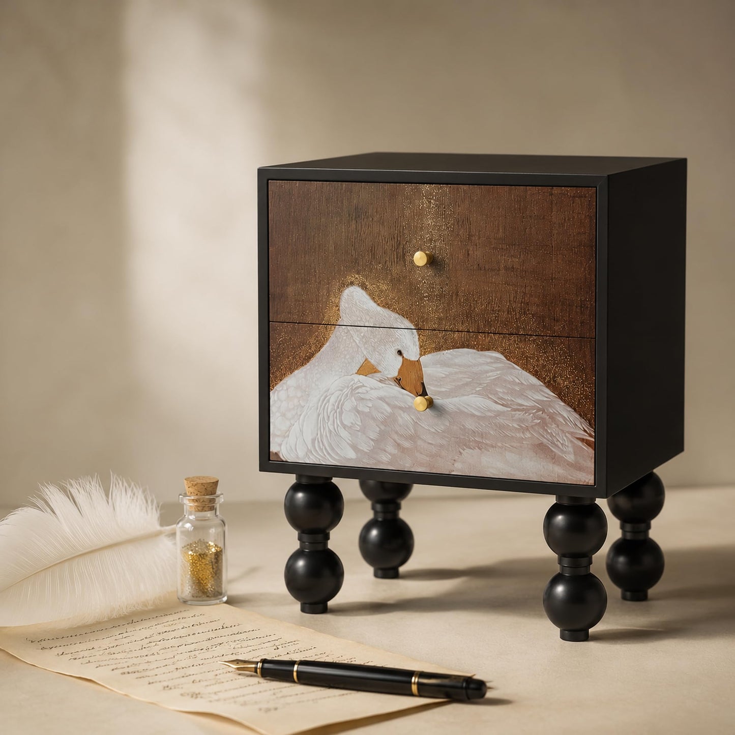 Pine Wood Art Panel Nightstand with Swan Art Pattern, 2 Drawer Turned Legs Bedside Table, Easy Assembly Artistic Bedroom Storage Cabinet
