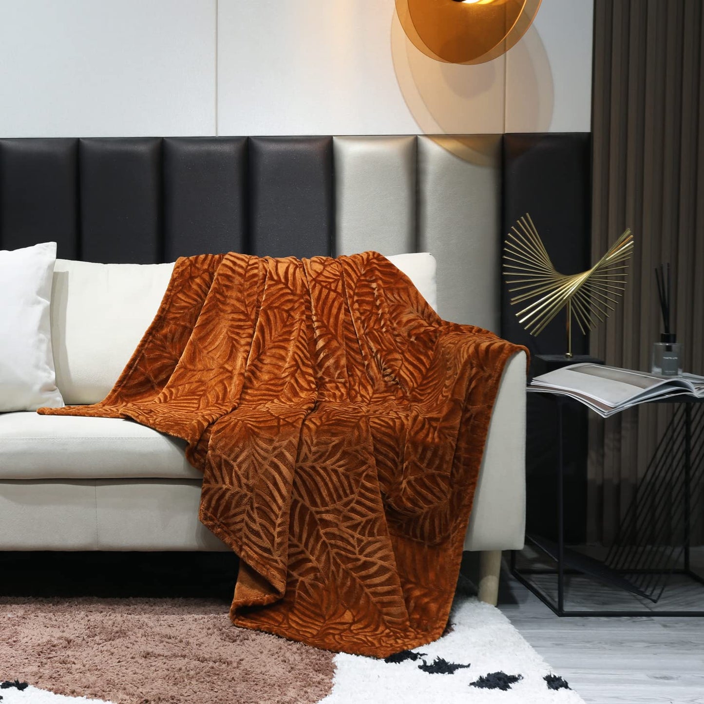 SOCHOW Leaves Textured Fleece Throw Blanket & Throw Pillow Covers & Body Pillow Cover, Caramel