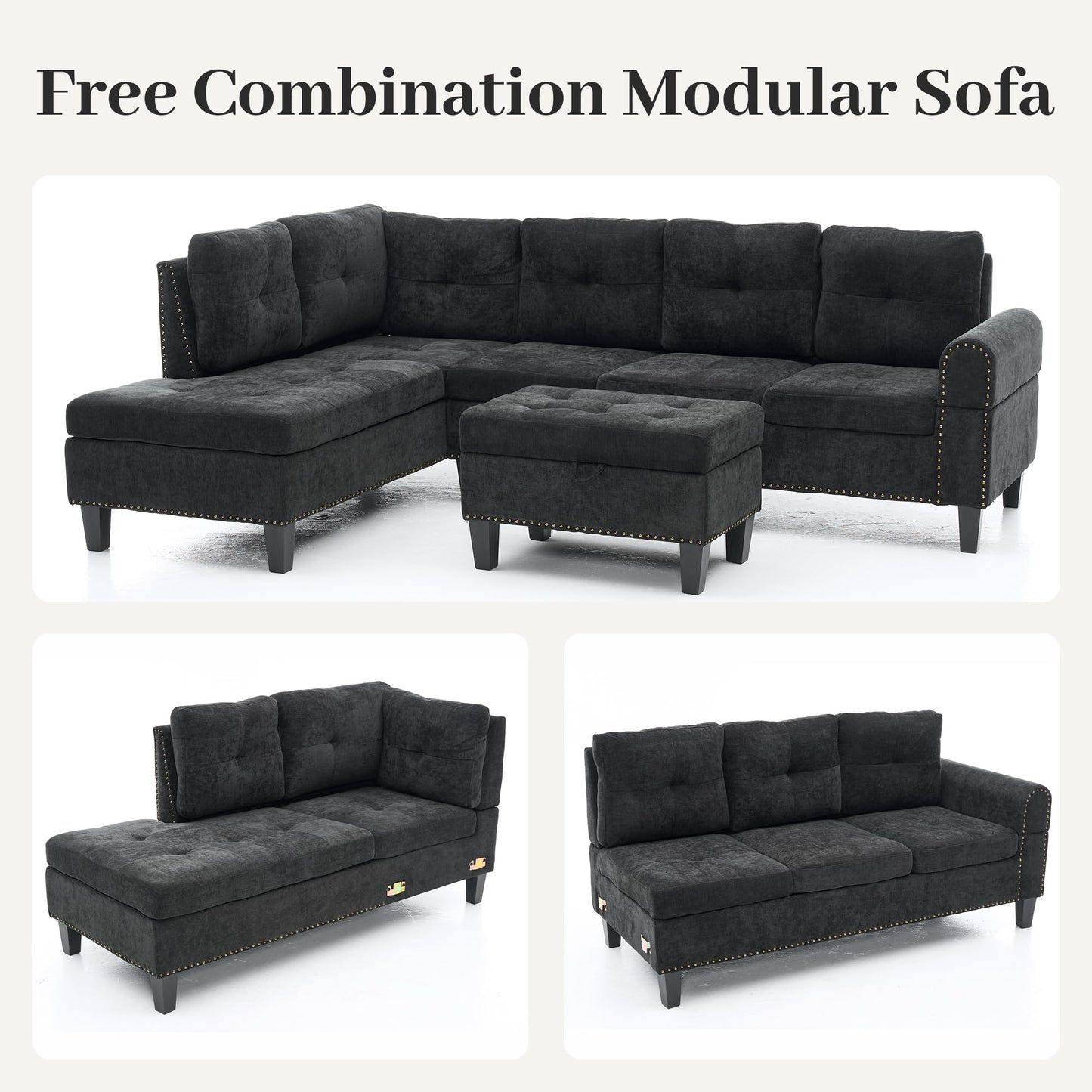 Trygoal 97.5" L Shaped Couches for Living Room, Sectional Couch Living Room Furniture with Storage Ottoman, Modular Sectional Sofa with Movable Chaise for Apartment Office, Black