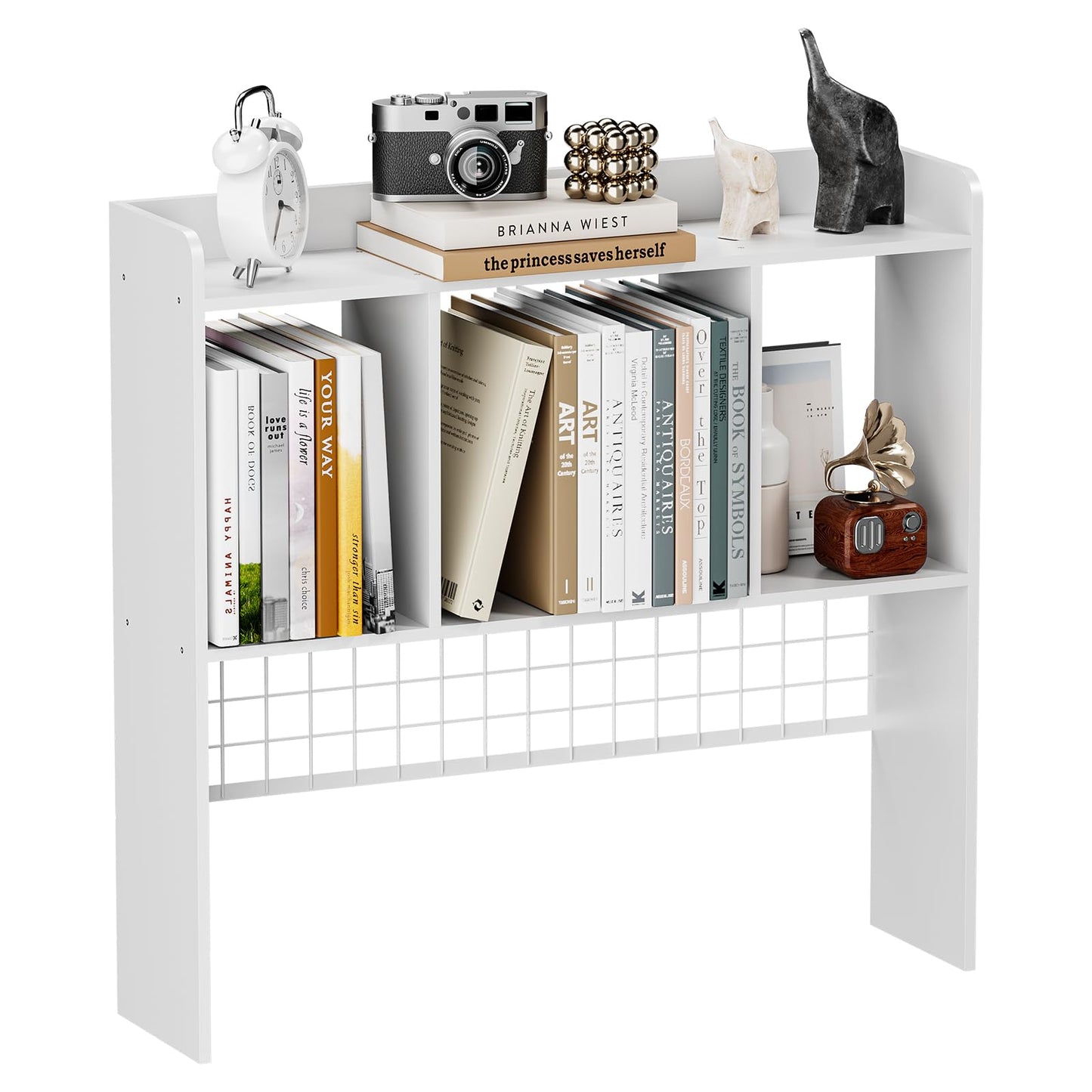 FNBAR Desktop Bookshelf,Countertop Storage Hutch with 3 Shelves for Computer Desk,2-Tier Display Rack with Grid Panel, Multipurpose Wood Desk Hutch Storage Organizer for Home Office Dorm (White)