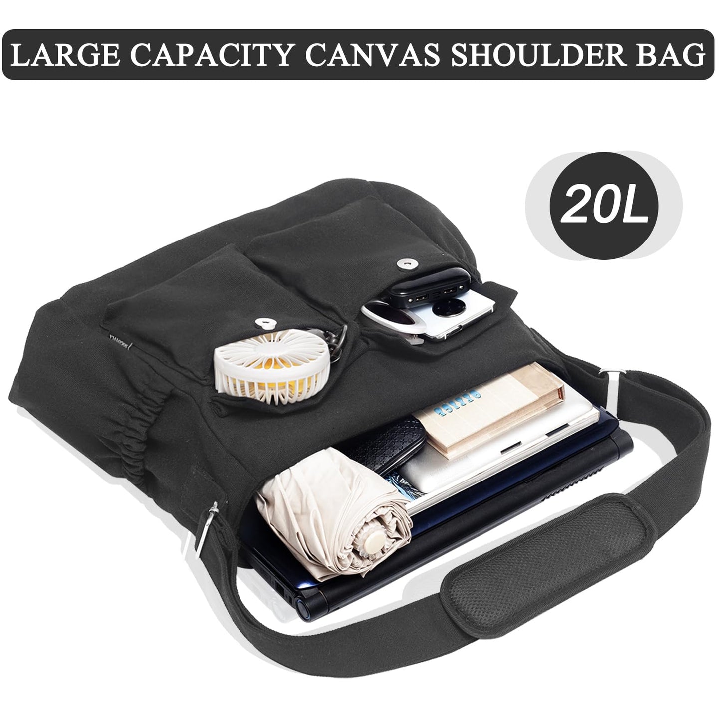 High Density Canvas Messenger Bag for Men/Women, 15 Inch Crossbody Shoulder Bag, Large Tote Bag for College/Travel/Work Daily Use(Black)