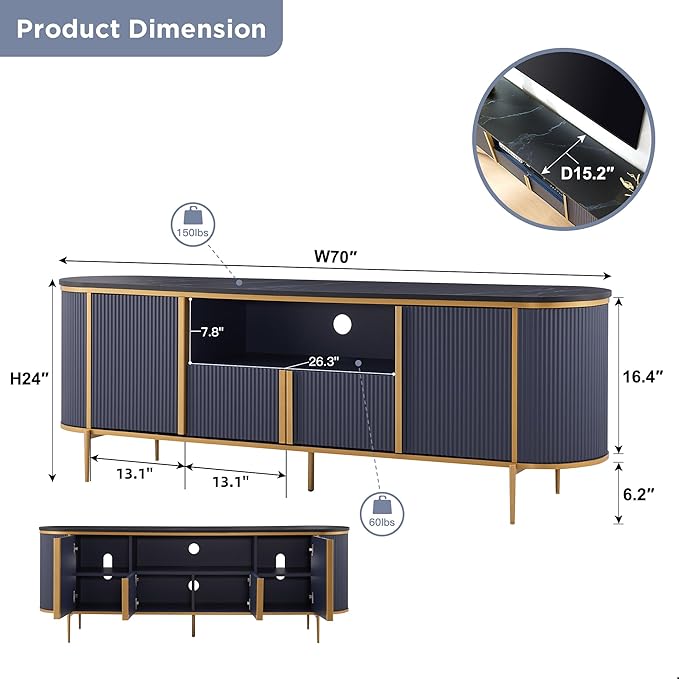 OKD 70" Fluted TV Stand with Storage, Faux Marble Top Entertainment Center