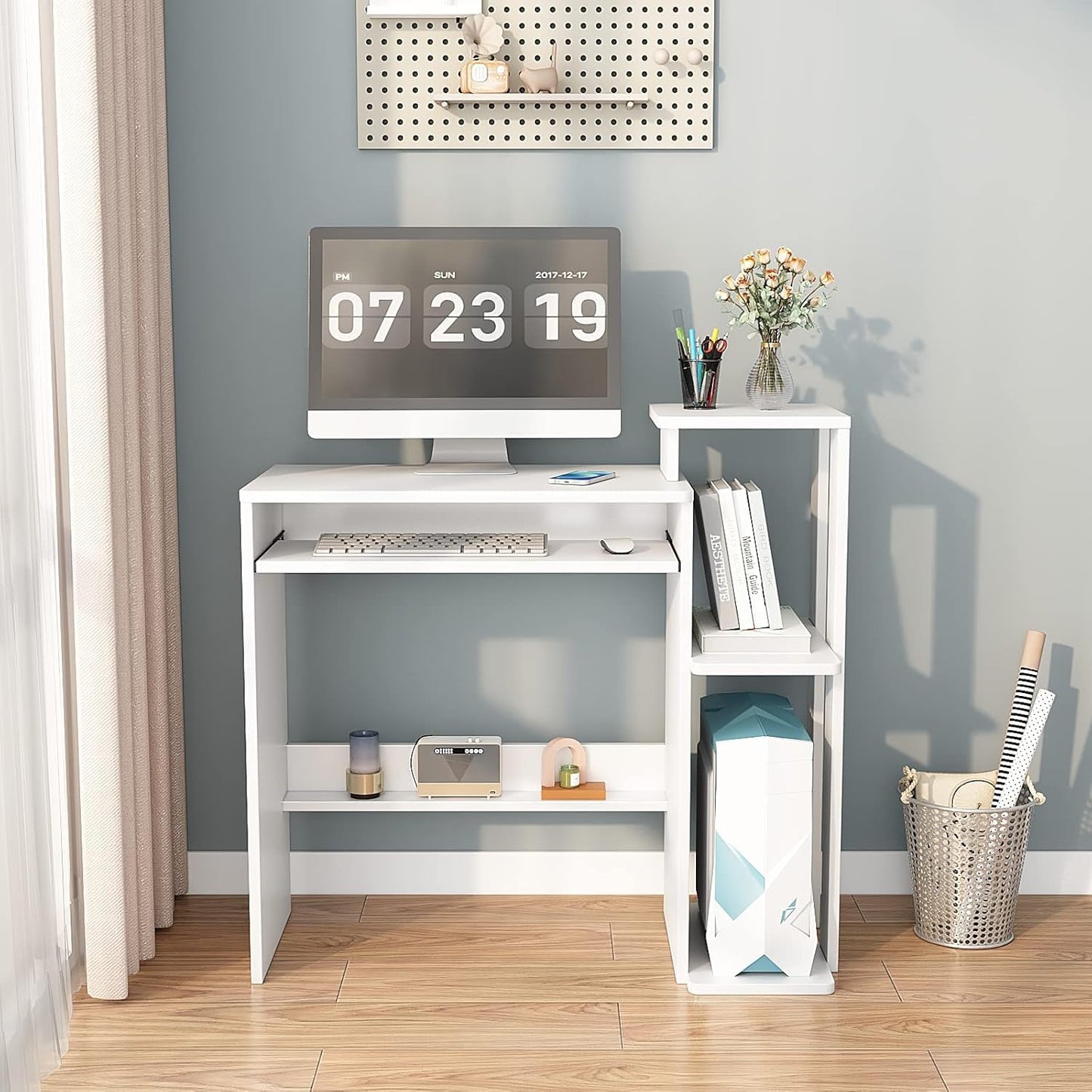 ALISENED Computer Desk with Storage Shelves, Home Office Desk with Monitor Stand, Small Writing Desk Table with Keyboard Tray,Study Table with CPU Stand for Small Spaces (35"-White)