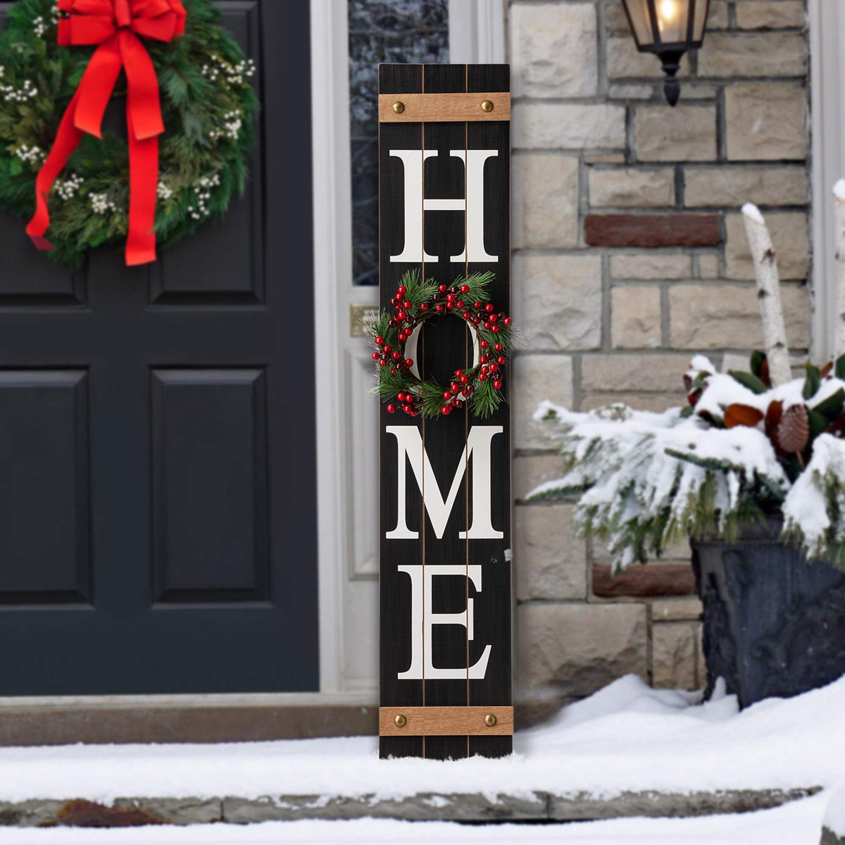 Glitzhome 42" Wooden Welcome Home Porch Sign with Interchangeable Wreaths for Front Door Vertical Farmhouse Standing Home Sign Hanging Wall Sign for Year Spring Fall Thanksgiving Christmas