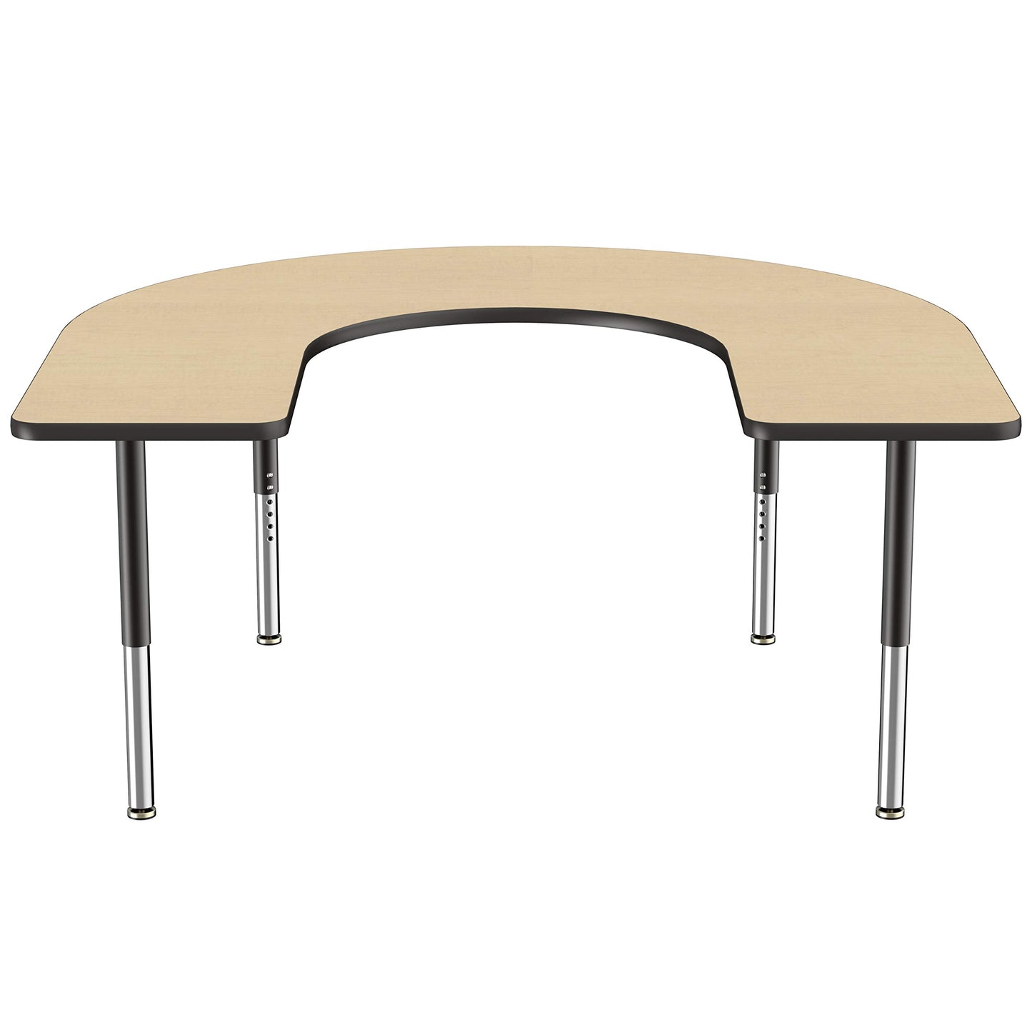 FDP Mobile Horseshoe Activity School and Office Table (60 x 66 inch), Super Legs with Glides and Casters for Collaborative Environments, Adjustable Height 19-30 inches - Maple Top and Black Edge