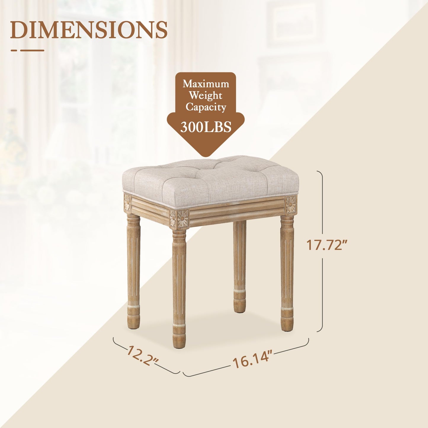 LUE BONA Upholstered Fabric Vanity Bench Seat, Makeup Stools for Vanity, Square Tufted Ottoman Bench with Carved Wood Color Legs for Bedroom Living Room, Linen Color