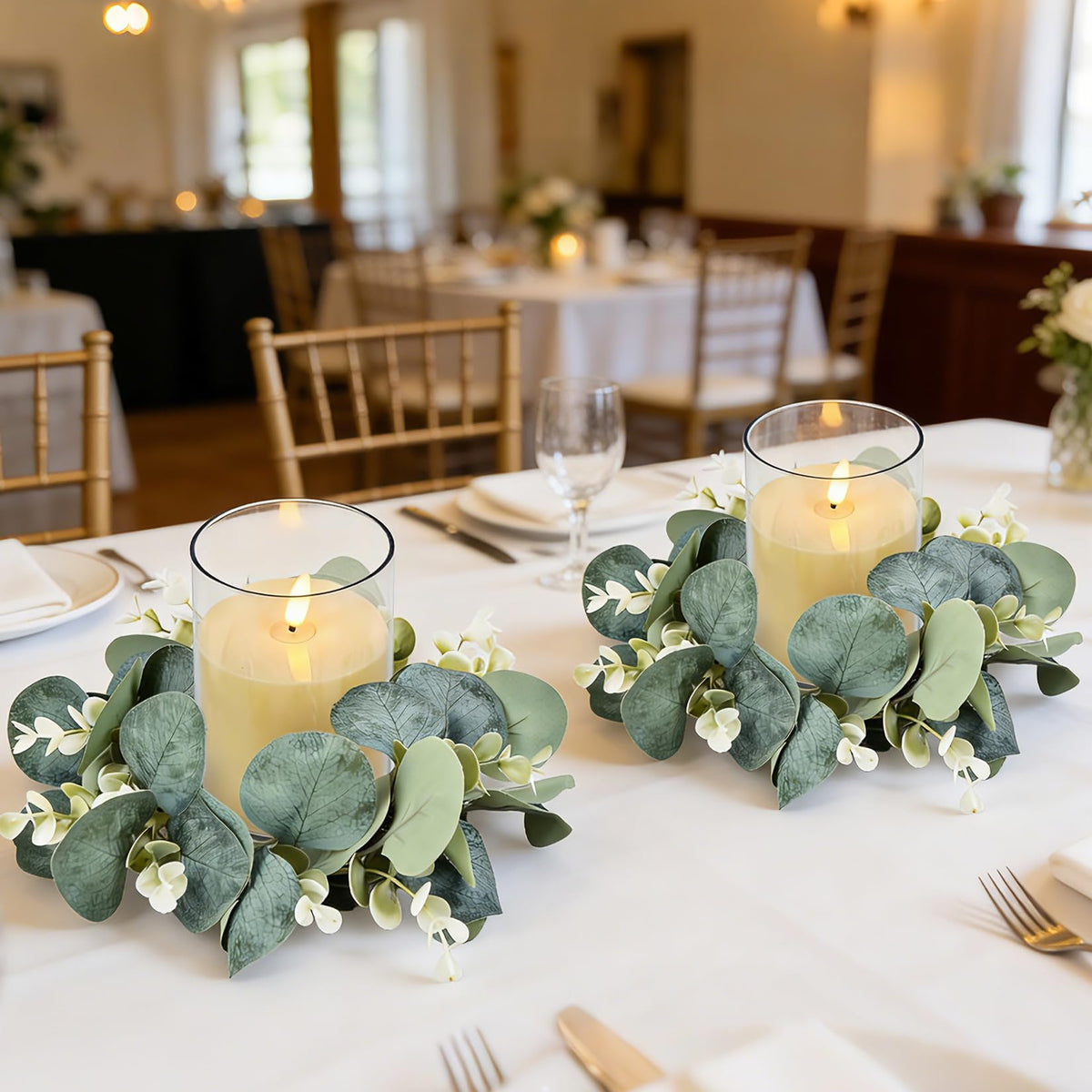 6 Sets LED Candle Rings with Artificial Eucalyptus Wreaths, 4-Inch Center Pillar Candle Holders for Wedding Table Centerpieces, Party Home Decor