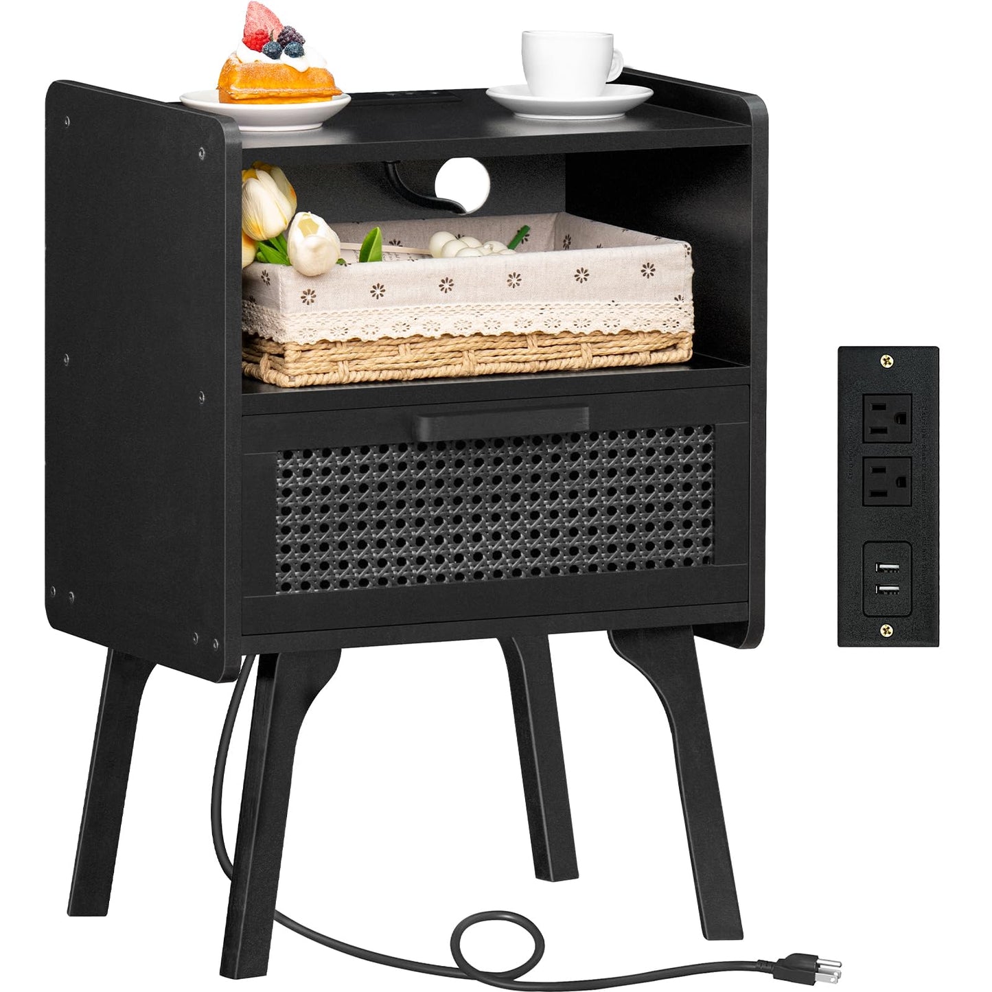 Lerliuo Rattan Nightstand with Charging Station, Side Table with Drawer Open Shelf, Cane Bedside End Table with Solid Wood Legs, Mid Century Night Stand for Bedroom, Dorm and Small Spaces (Black)