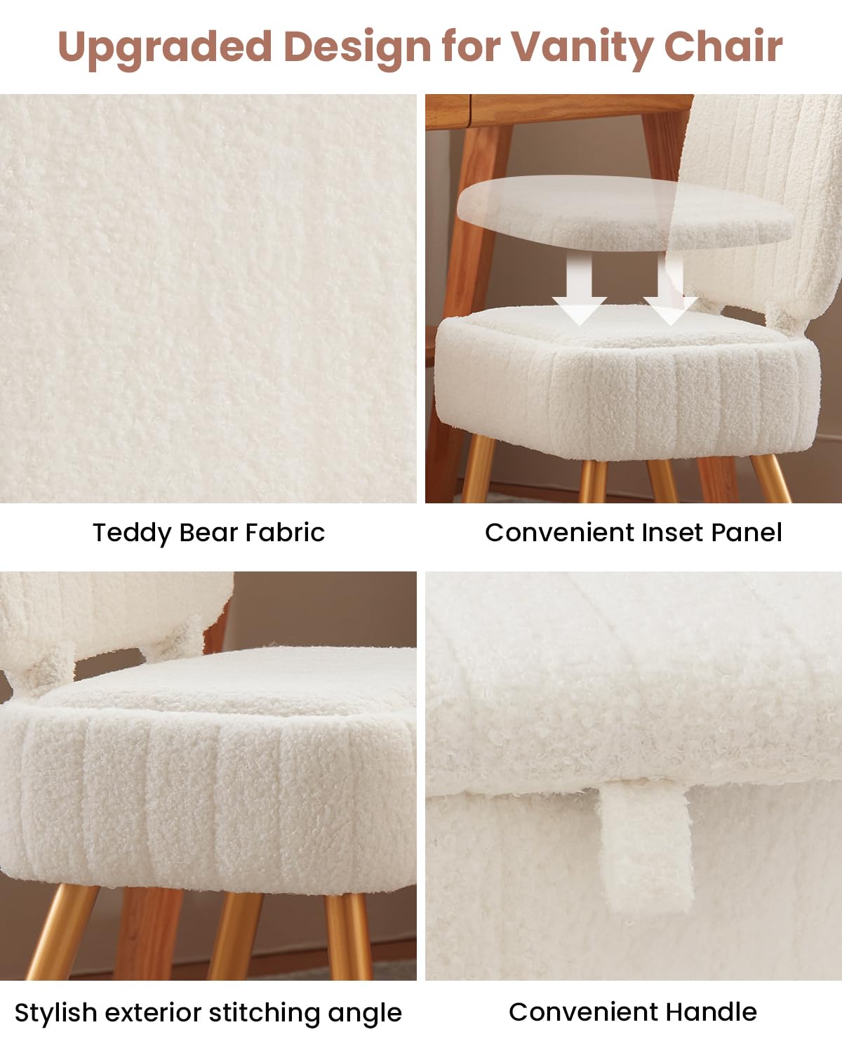ZYKZYK Updated Vanity Chair, Storage Ottoman with Folding Back & Gold-Toned Metal Legs, Ottoman Seat with Teddy Velvet for Dressing Room Living Room Bedroom, 15" x 12" Inch