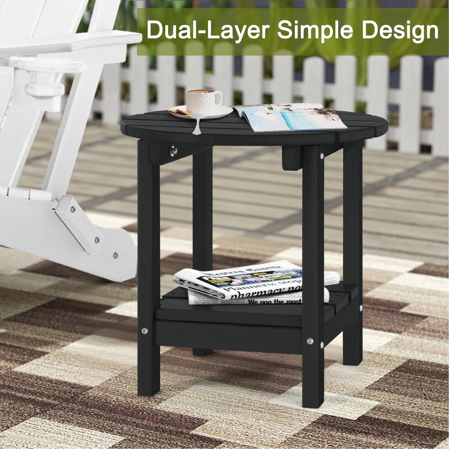 ABCPATIO Adirondack Outdoor Side Tables, 2-Tier Round Outdoor Table, Weather Resistant HDPE Patio End Table for Garden, Lawn, Pool, Beach, Porch, Deck, Backyard - Black