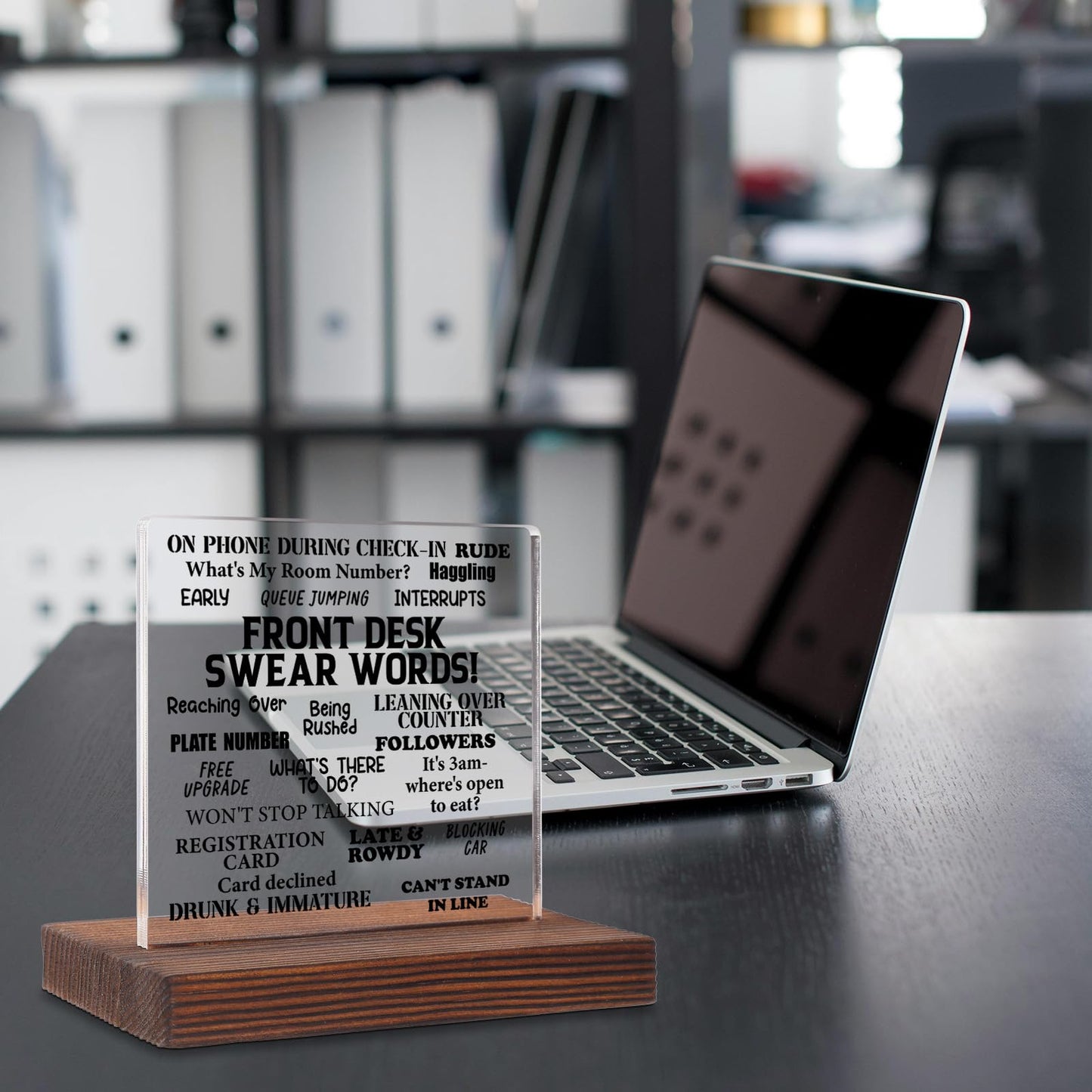 Funny Front Desk Sign for Receptionist Office Decor, Acrylic Desk Plaque with Guest Swear Words, Hilarious Gift for Hospitality Staff, New Job Leaving Retirement Gift Idea SKT250