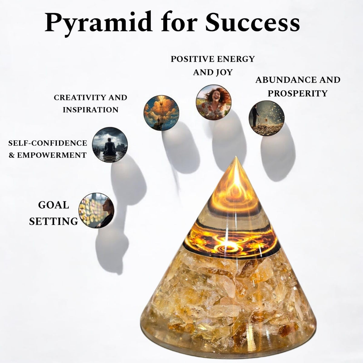 Crystal Orgonite Pyramid with Citrine Crystals, Decorative Energy Stone, Clear Resin