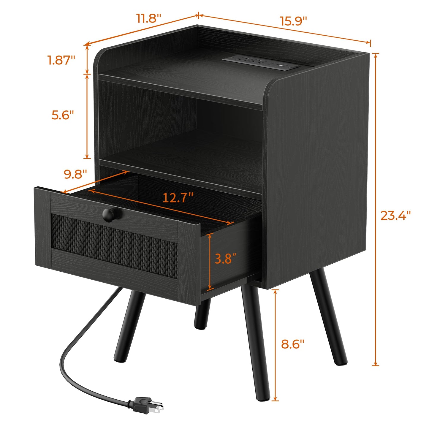 SUPERJARE Nightstand with Charging Station, Bedside Table with Texilene Surface Drawers, Rattan Side Table with Storage & Solid Wood Feet, End Table for Bedroom, All Black