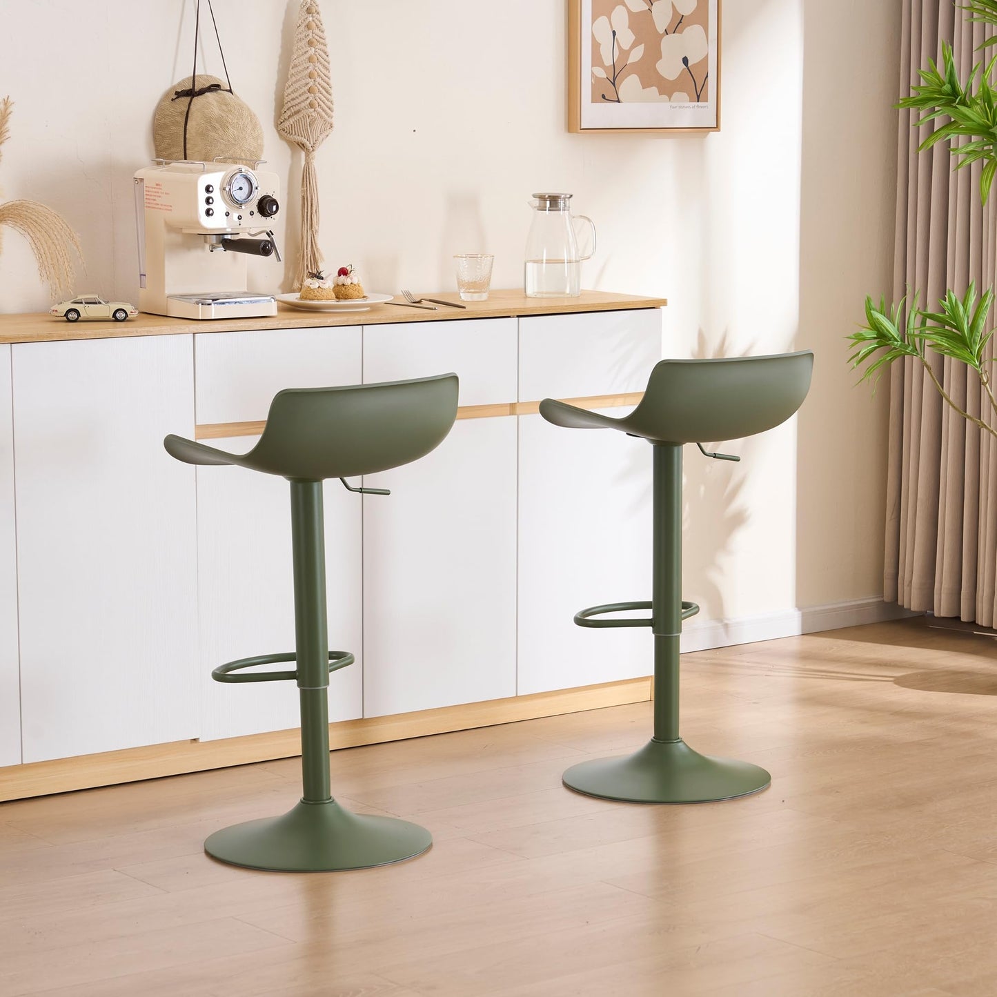 YOUNIKE Adjustable Height Bar Stools Set of 2 Plastic Swivel Barstool with Low Back Modern Kitchen Counter Island Bar Chairs for Breakfast Nook Cafe Bars Olive Green