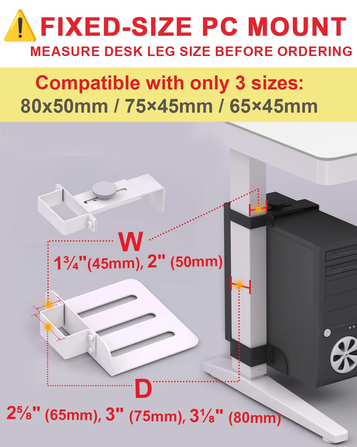 Under Desk PC Mount - No Drilling 40 lb Capacity, CPU Holder Under Desk, Adjustable Height and Width, Clamp-on Desk Leg PC Mount for Standing Desk (Fits 80mm×50mm Legs only), with Non-Slip Pads, White