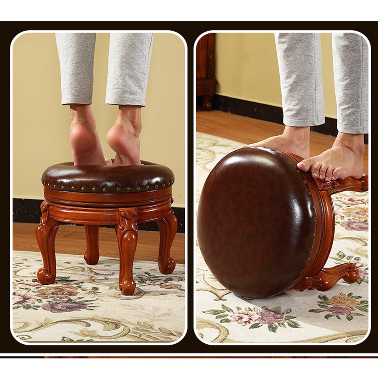 TXGJWRA Leather Wooden Foot Stool Round Ottoman, 360° Rotation Upholstered Foot Rest, Living Room Rest Stool Footrest,Shoe Changing Stool for Entryway Cloakroom,