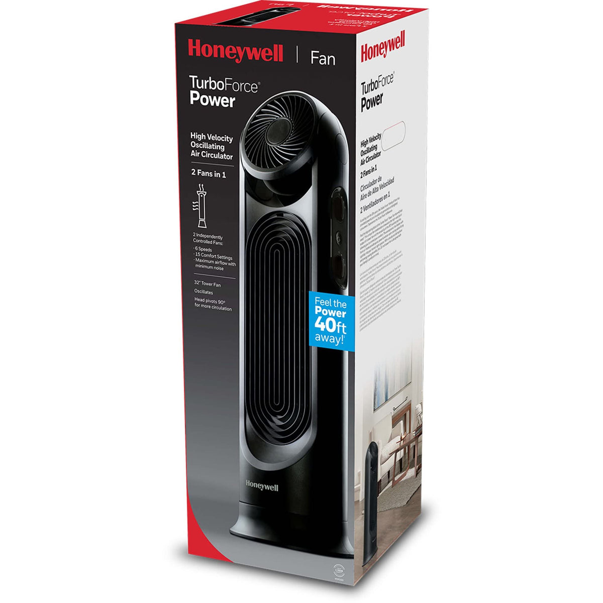 Honeywell TurboForce Tower Fan, 2-in-1 Fan with 6 speeds, quiet operation quality. Stylish Tower Fan for home, room, bedroom or home office - Black, HYF502
