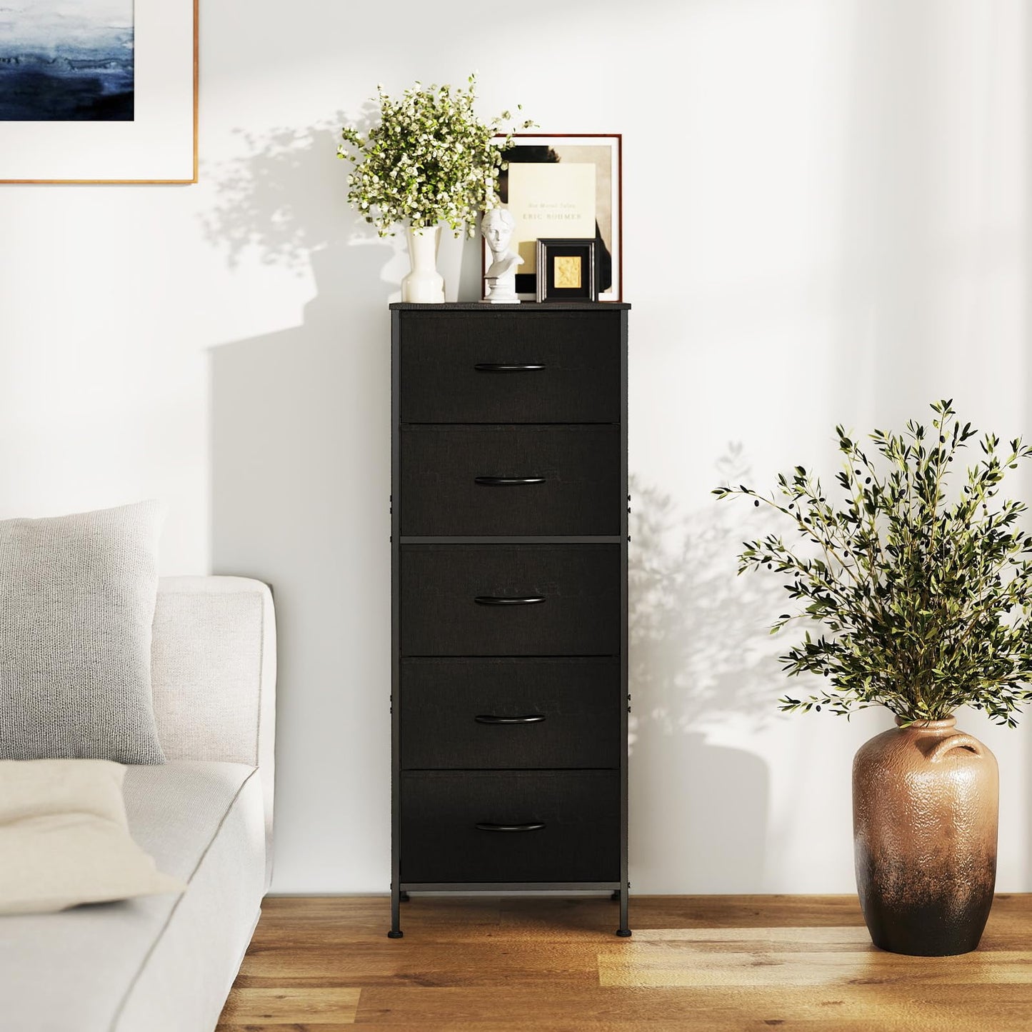 Sweetcrispy 5 Drawer Dresser with Fabric Bins Steel Frame Wood top Storage Chest for Bedroom Closet Hallway Black Compact Organizer Durable Home Storage Solution