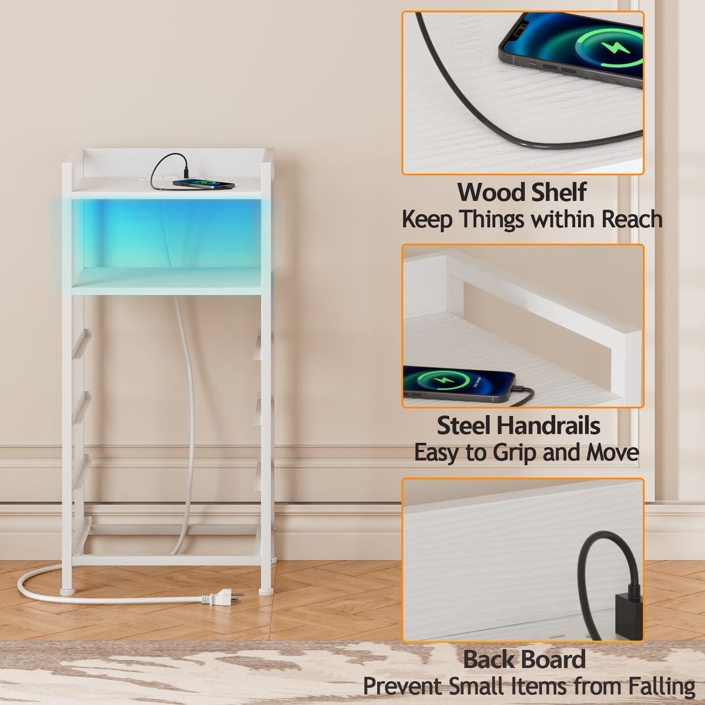 Furnulem White Nightstand with Charging Station, Night Stand Side Table with Led Light, Tall Dresser for Bedroom with 4 Fabric Storage Drawers, Metal Frame, Wood Shelf(White)