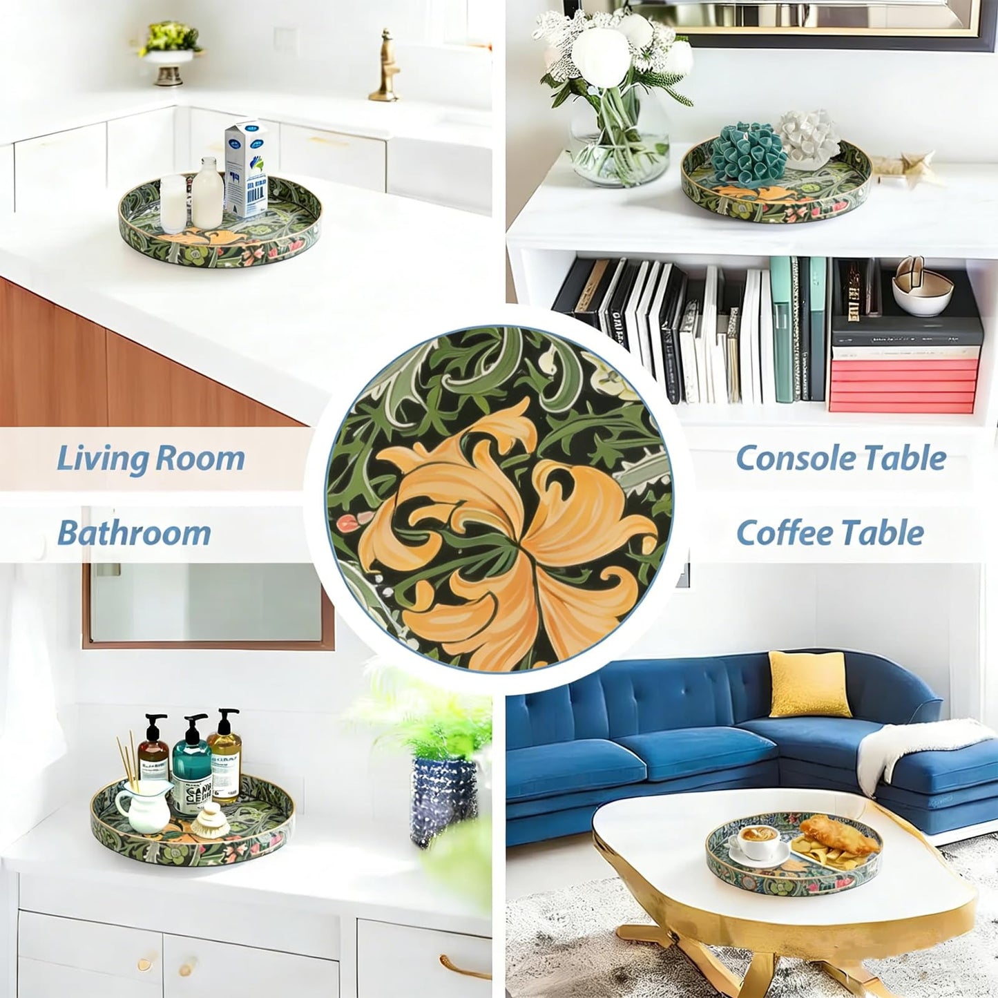 Round Serving Tray with Handles,Modern Ottoman Tray Coffee Table Tray,13 Inch Plastic Trays for Ottoman Coffee Table,Decorative Serving Trays for Living Room