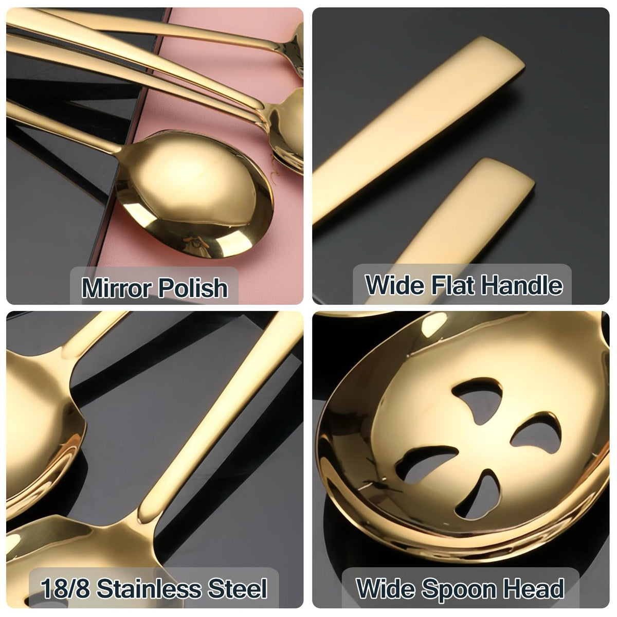 Large Serving Spoons Set Stainless Steel 12 Inch Slotted Spoon and Serving Spoon Serving Utensils for Buffet Catering Dishwasher Safe(1 Spoons, 1 Slotted,Gold)