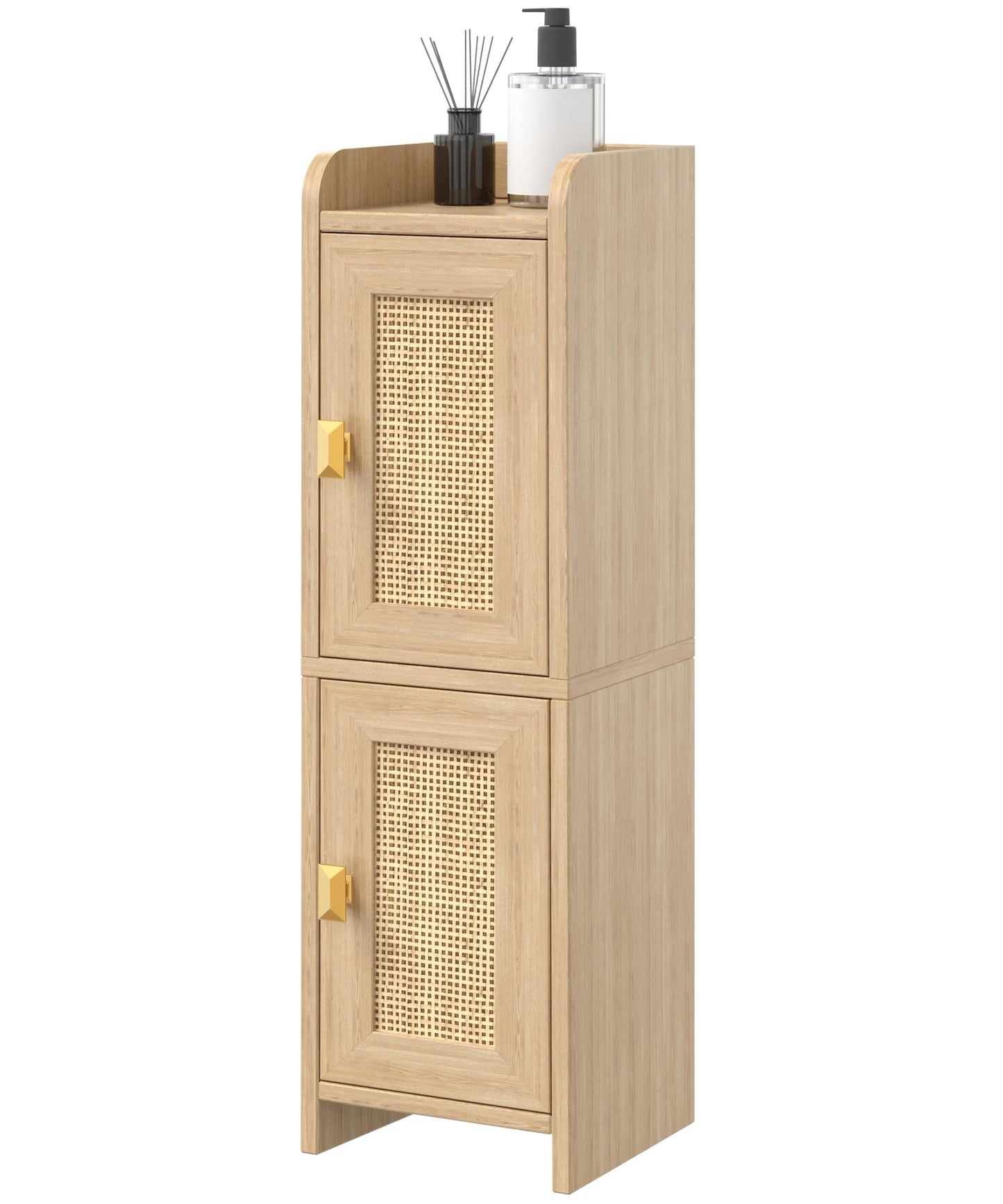 Akxomel Rattan Small Bathroom Cabinet with 2 Doors, 7.9''D x 7.9''W Narrow Toilet Paper Storage Cabinet, Bathroom Organizer for Small Spaces, Wooden Slim Corner Unit with Adjustable Shelf, Natural Oak