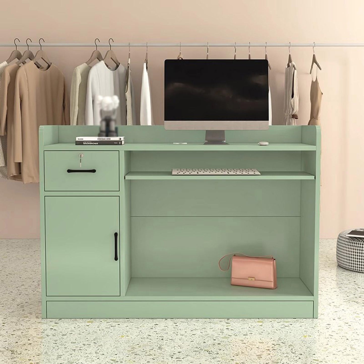 Modern Reception Desk with Lockable Drawers & Storage Cupboard, Lockable Grey Reception Desk with Cupboard & Keyboard Tray - Modern Office Furniture Counter for Shops, Stylish Sales Desk for