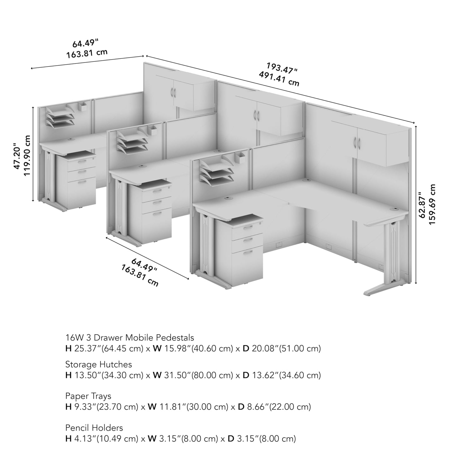 Bush Business Furniture Office in an Hour 3 Person L Shaped Cubicle Desks with Storage, Drawers, and Organizers in Mocha Cherry | Triple Workstation Set with Privacy Panels for Commercial Workspace
