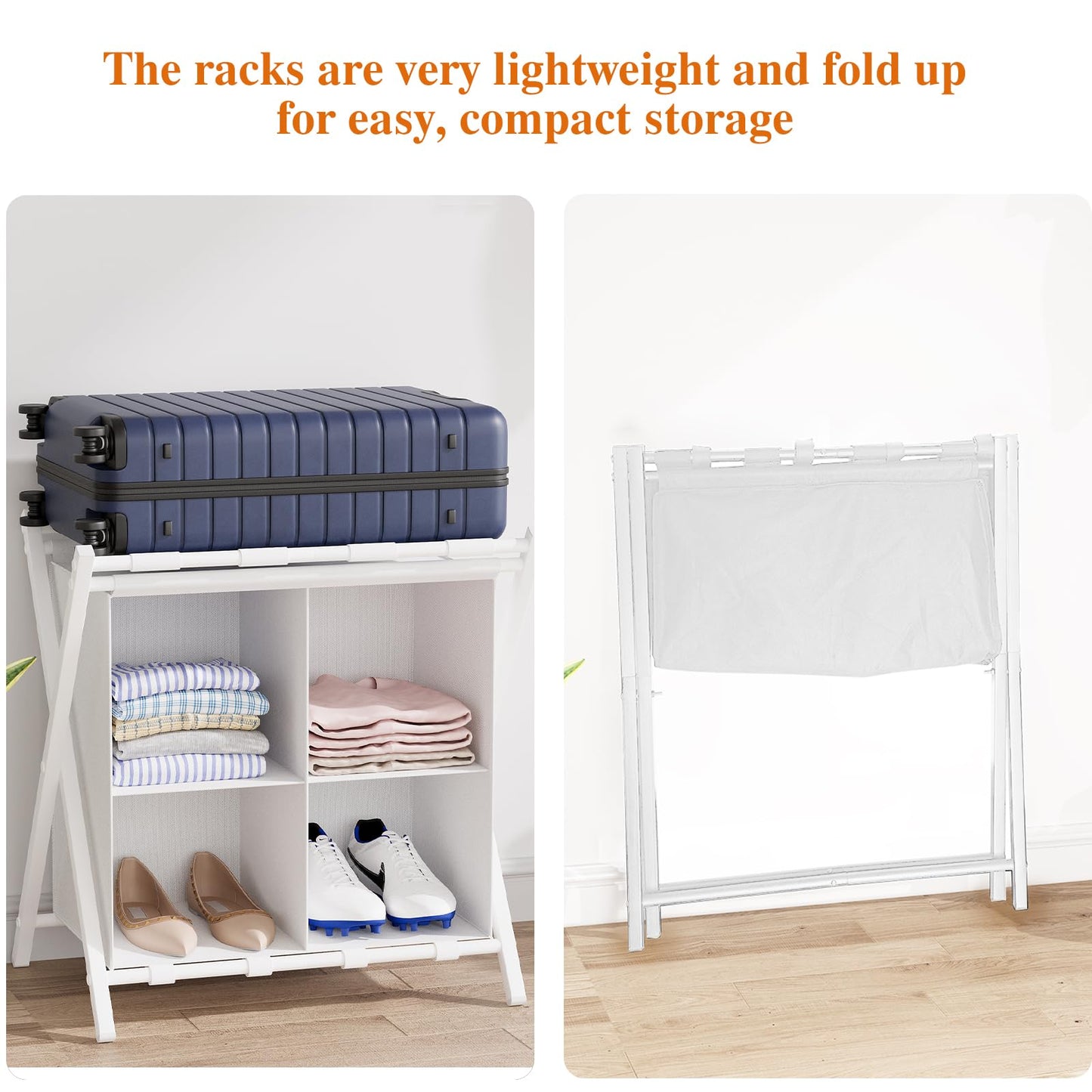 aboxoo Luggage Rack with storage, Guest Room Folding Suitcase Stands, Holds up to 120 lb, Space Saving Suitcase Holders for guest room, Bedroom Hotel, White