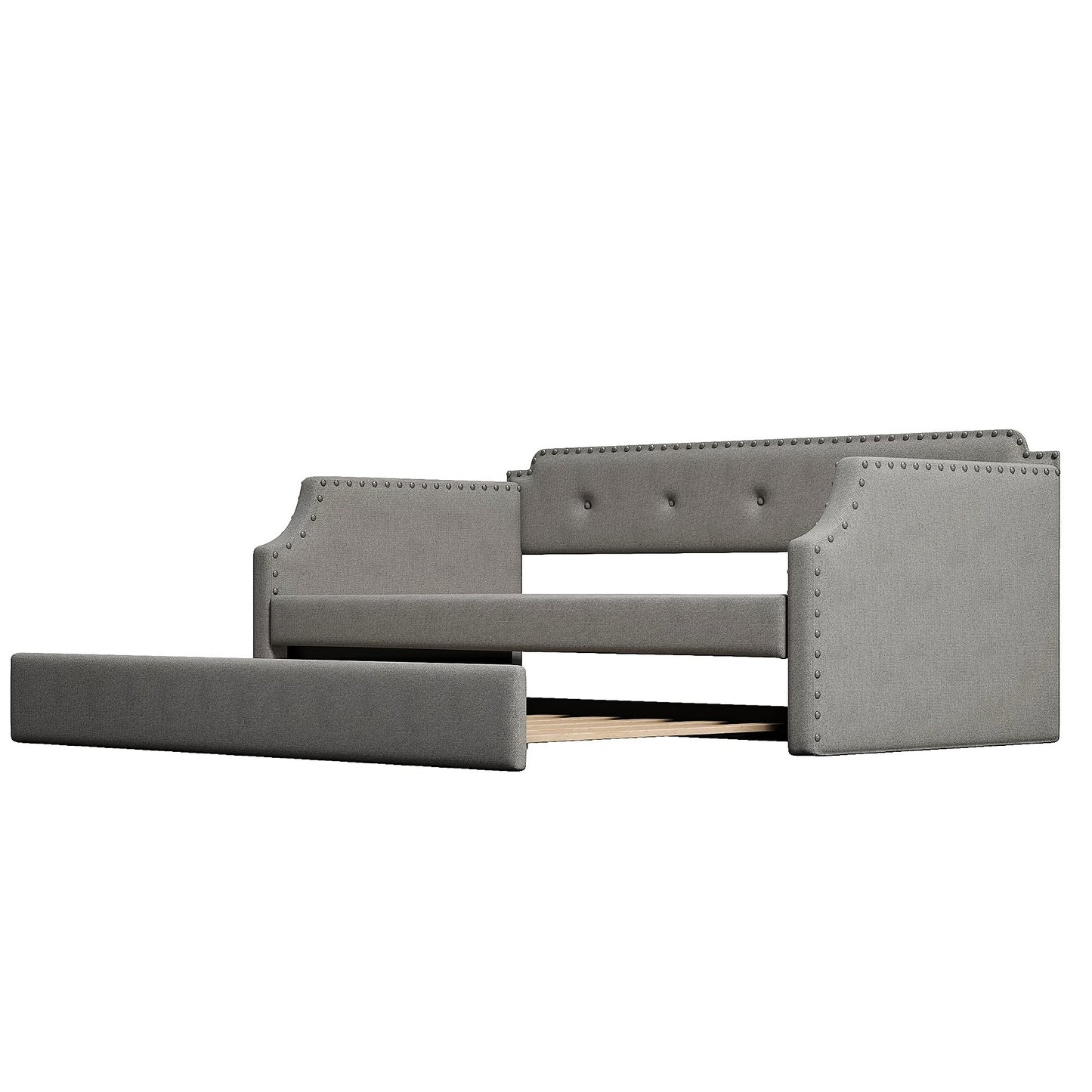 Merax Upholstered Daybed with Trundle, Wood Slat Support,Upholstered Frame Sofa Bed, Twin, Gray