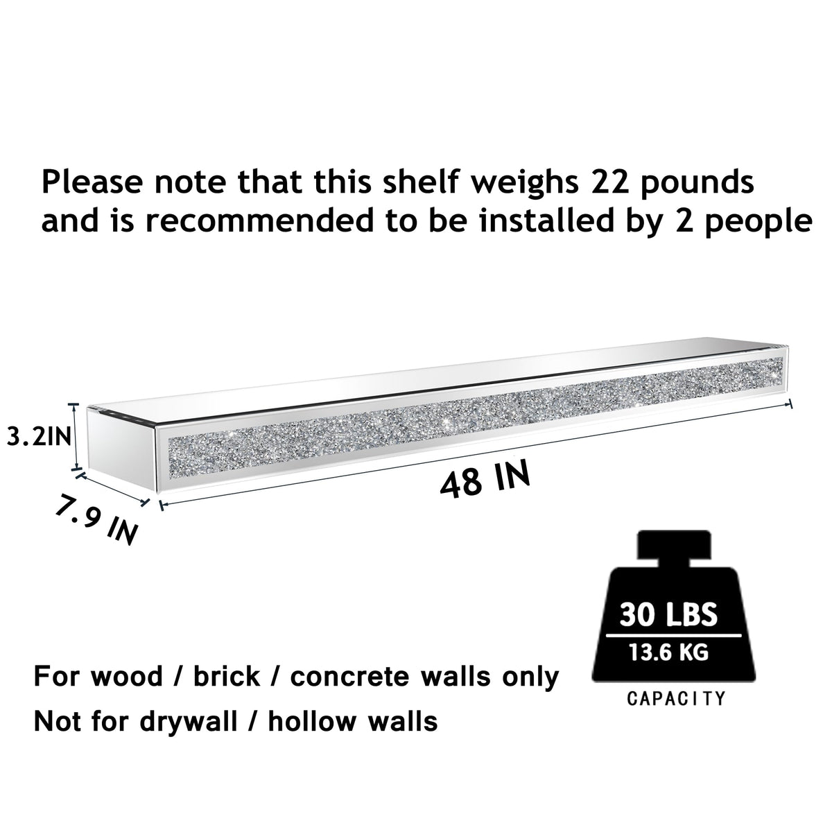 blingworld Fireplace Mantel Mirrored, 48" Glass Floating Mantel Shelf for Over Fireplace & Under TV, Gorgeous Crystal Crushed Diamond Floating Wall Shelves for Living Room, Bedroom, Kitchen, Silver