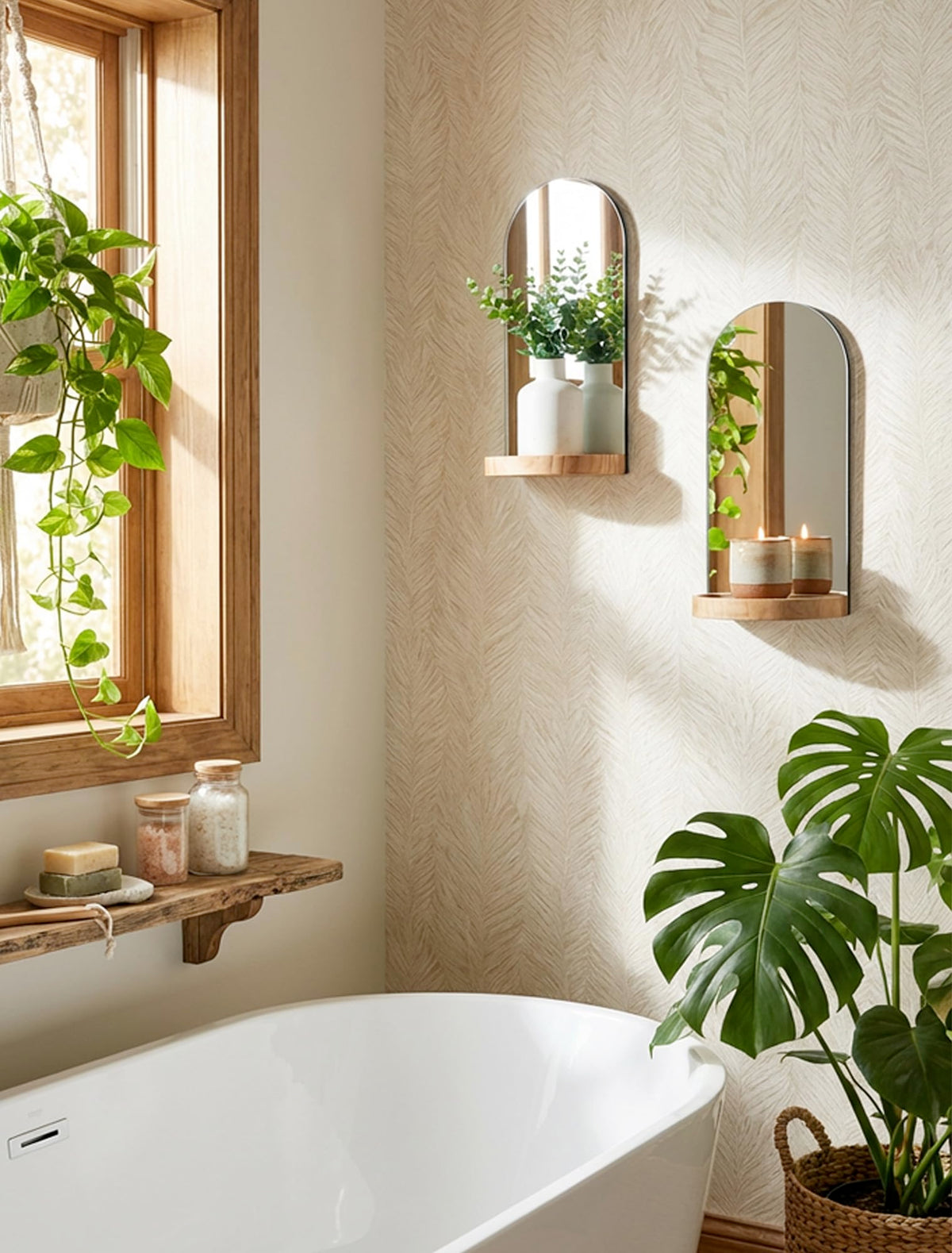 Walasis Wall Candle Holder Set of 2: Arch Mirror Candle Sconces Boho Wall Decor for Livingroom Entryway - Nature Wood Bohemian Candle Sconces Display Shelf with Ledge for Vase Candles