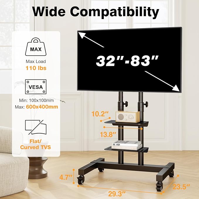 Mobile TV Stand Rolling TV Cart Floor Stand