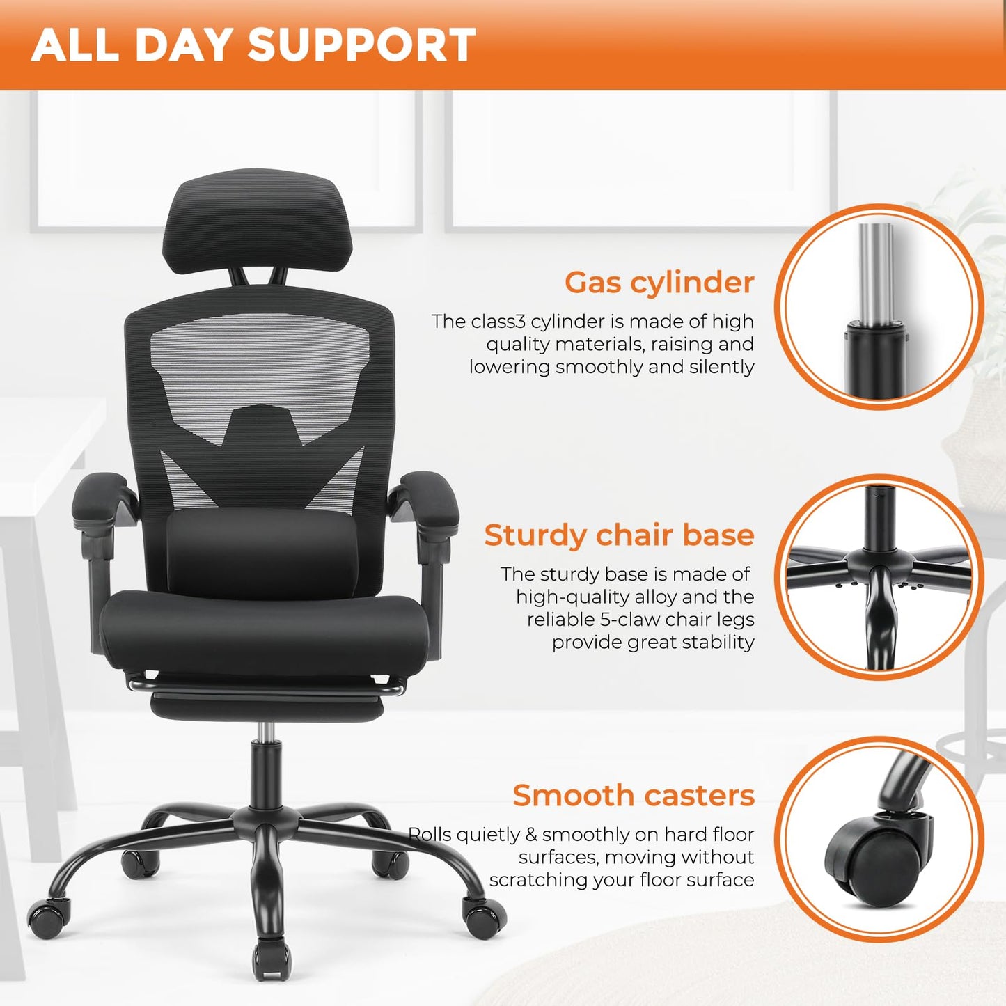 Sweetcrispy Office Computer Desk Chair, Ergonomic High-Back Mesh Rolling Work Swivel Chairs with Wheels, Comfortable Lumbar Support, Comfy Arms for Home, Bedroom, Study, Student, Black