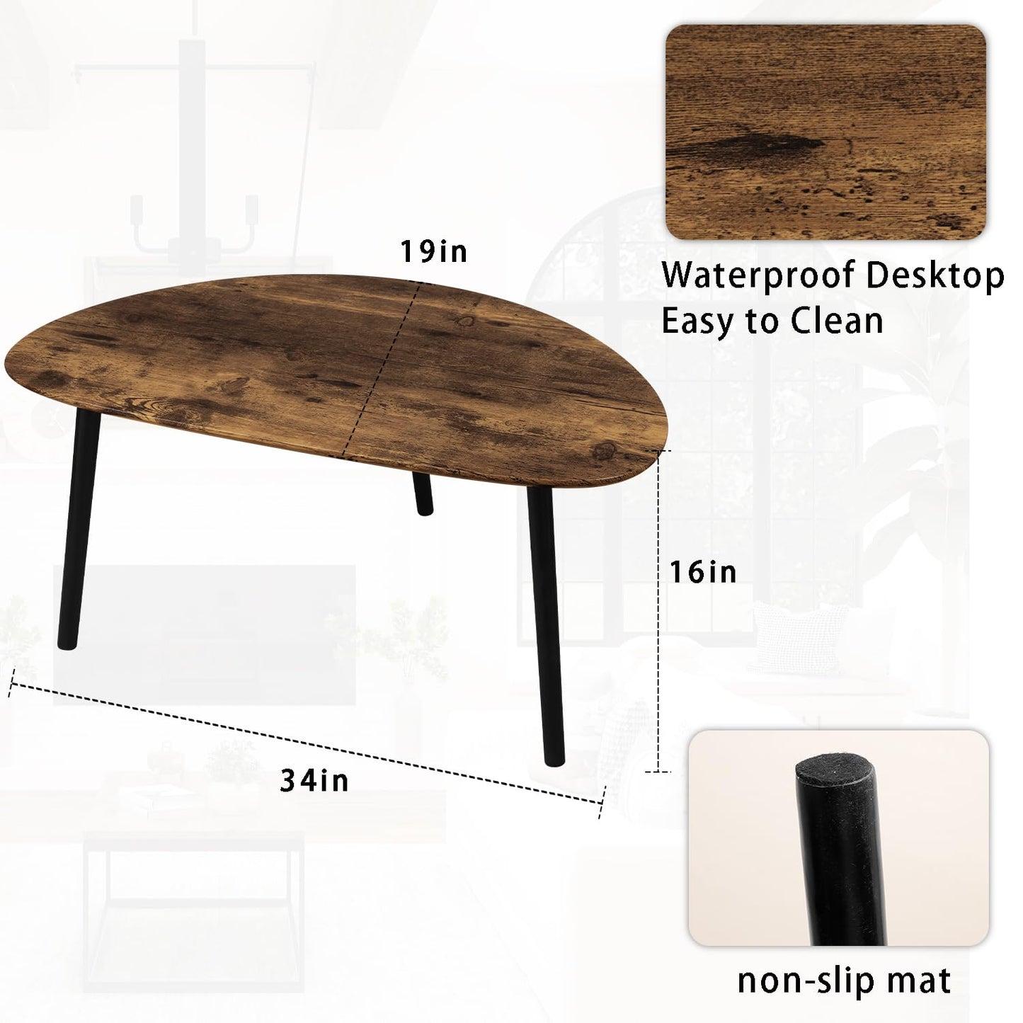 WDSHIYI Small Oval Coffee Table Espresso Wood Mid Century Modern Coffee Tables Unique Retro Farmhouse Accent Center Sofa Rustic Table for Living Room 34"x19"x16"