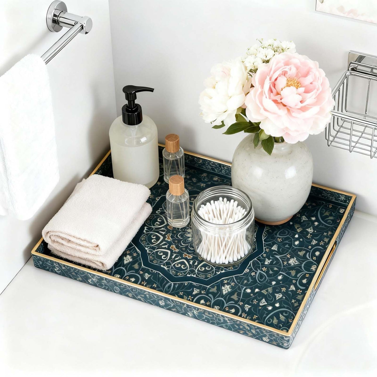Fuukou Plastic Serving Tray with Handles,Large Ottoman Tray for Living Room,Large Rectangle Trays for Ottoman Coffee Table,Decorative Blue Boho Serving Trays for Home Decor,16" x 12"