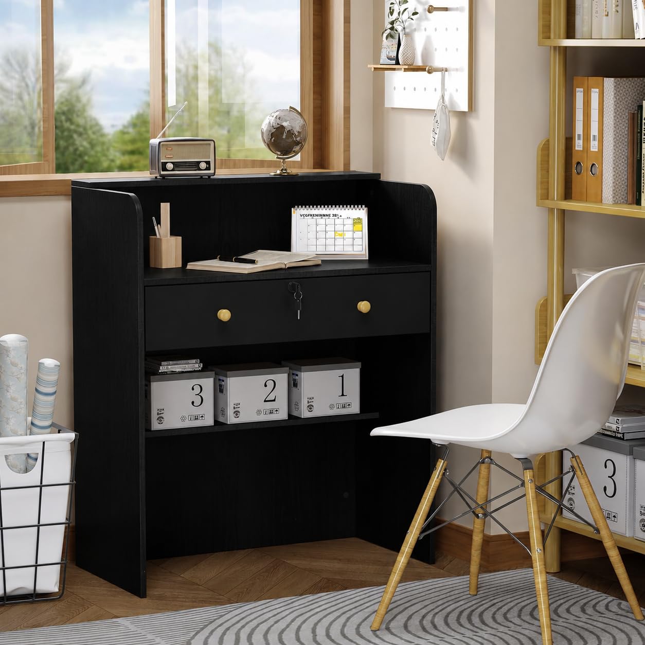 wupeiaoo Reception Desk with Counter, Modern Black Reception Desk with Drawers, Front Retail Counter for Checkout, Lobby, Beauty Salon, Home Office