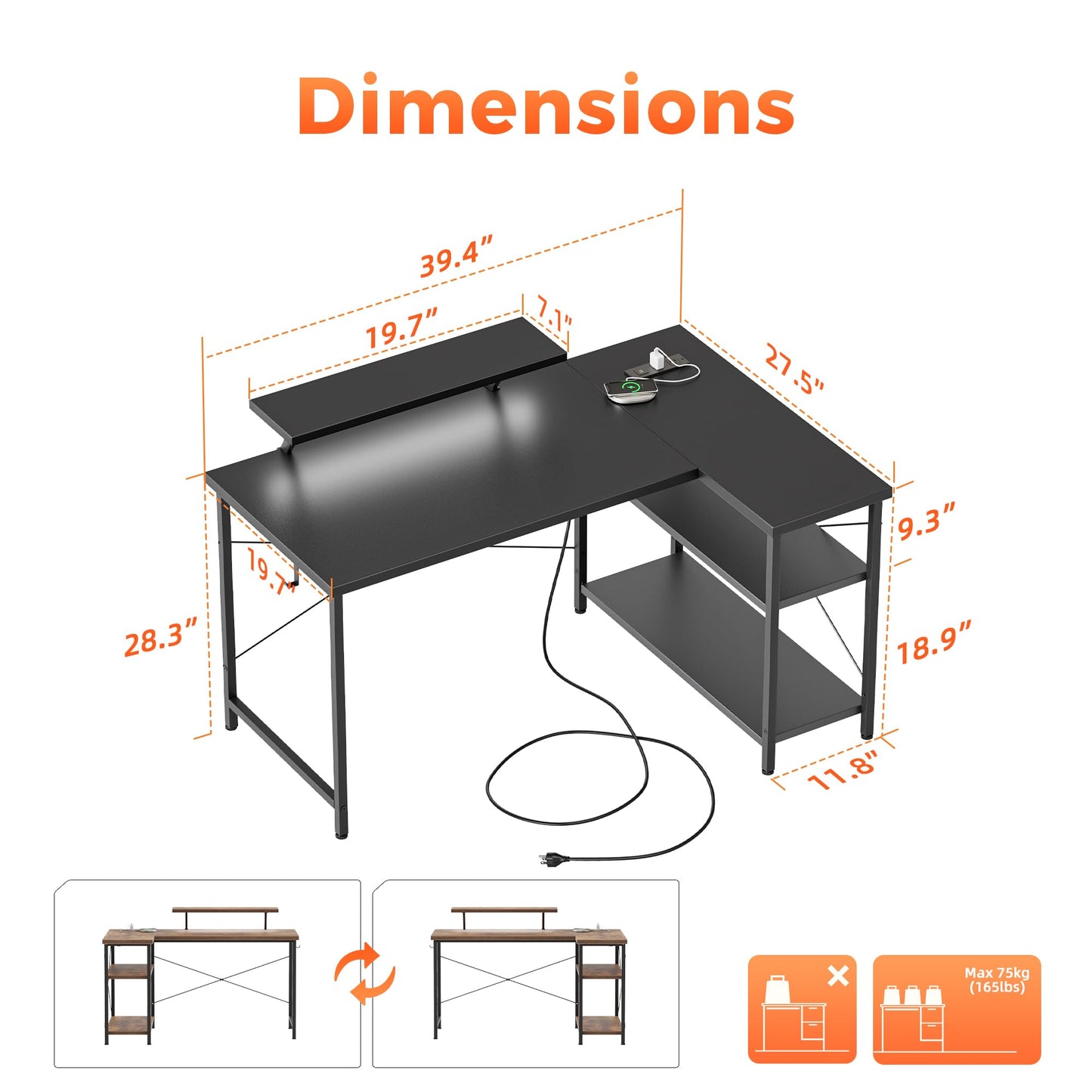Mericonia Small L Shaped Computer Desk with Power Outlets, Reversible Gaming Desk with Storage Shelves & Monitor Stand, Corner Gamer Desk Table, Study Writing Table