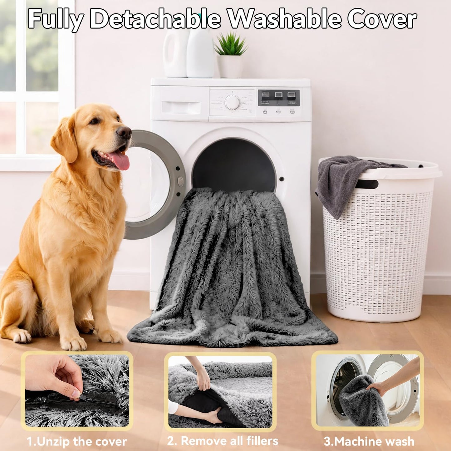 XL Human Dog Bed 71"x 44"x 12.5" Cozy Giant Floor Bed for Adults, Soft Faux Fur Human Sized Dog Bed with Washable Removable Cover, Side Pocket & Blanket, Black Grey
