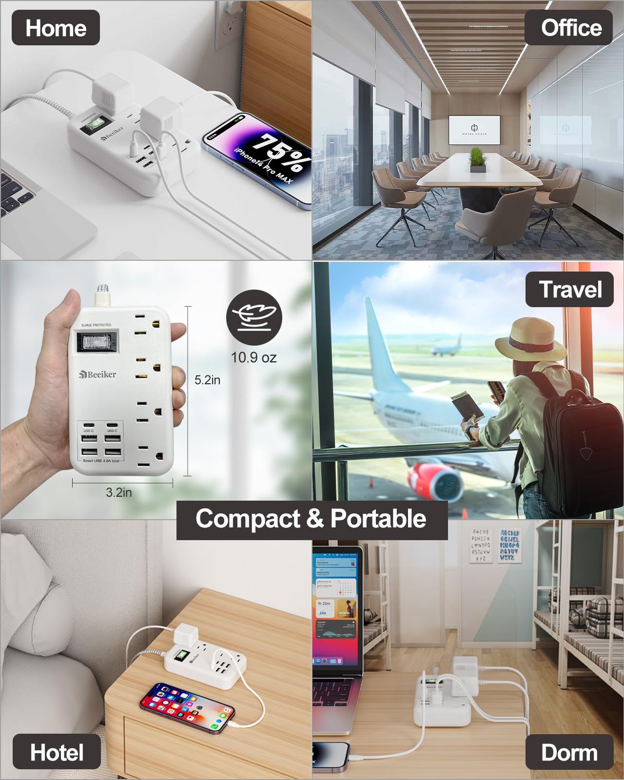 6 USB(2 USB C) Surge Protector Power Strip- 5Ft Travel Power Strip with 4.8A USB Charging Station and 4 Extendable Outlet, 13A Flat Plug Braided Extension Cord with Wall Mount for Travel Office Dorm