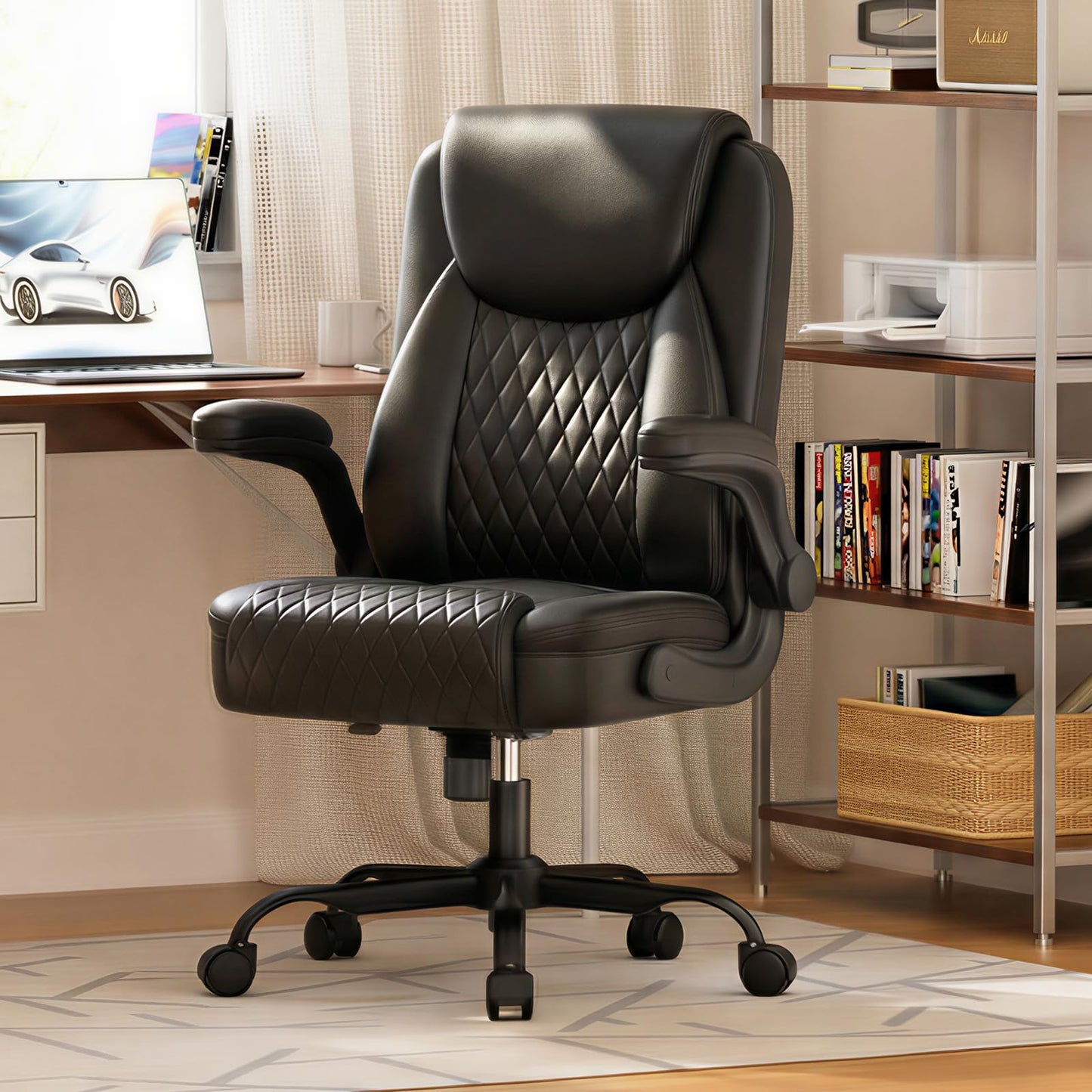 GTPLAYER Leather Office Chair, Home Desk Chair with Flip-up Arms and Ergonomic Back - Comfy Heavy Duty Executive Chair for Home Office Gaming, Black